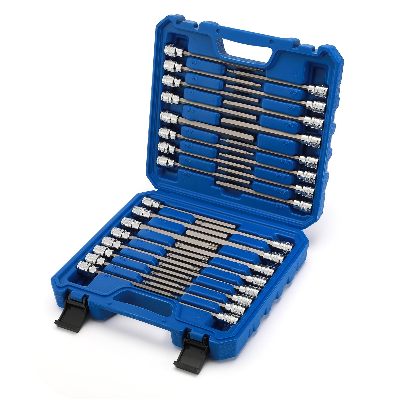 EMENTOL 32PCS 3/8" Dr. Extra Long Hex and Torx Bit Socket Set, CR-V, S2 Steel, 5.9" Length Allen Hex and Star Bit Socket Set, 1/8 Inch - 7/16 Inch, 3mm - 12mm, T10-T60