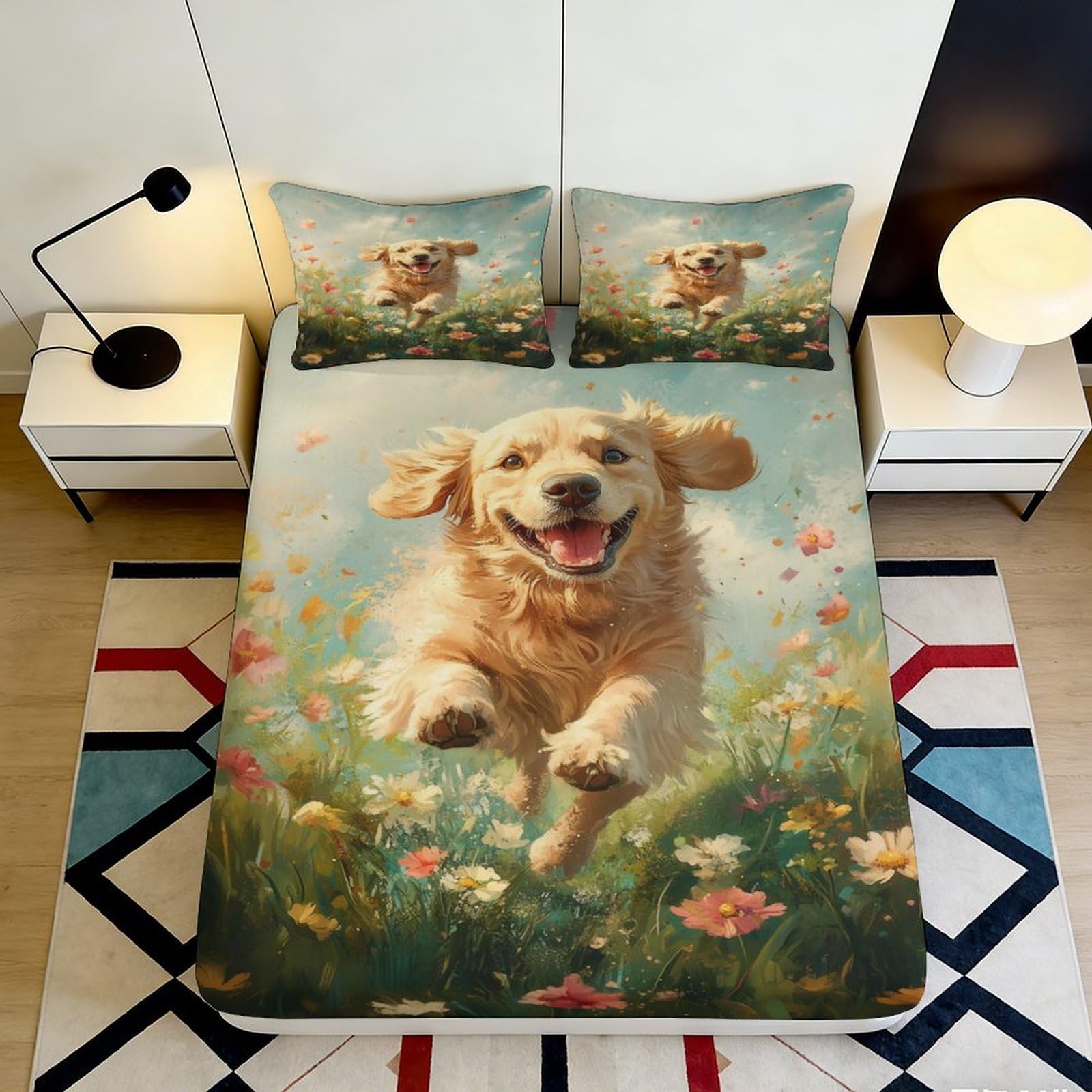 3D Printed Happy Dog Fitted Sheet Microfiber Soft Breathable Floral Meadow Bed Cover for Bedroom Dormitory Guest Room Mattress Protection Decor 120x200x25cm