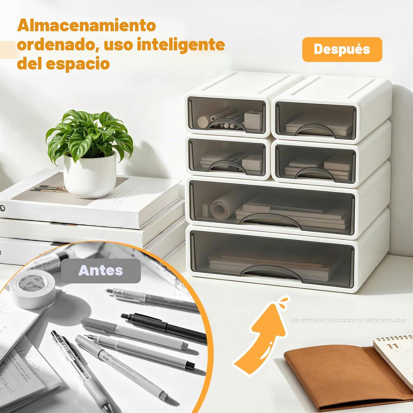 Caja de almacenamiento de oficina, organizador de escritorio de plástico con 6 cajones, apilable para oficina, hogar, suministros de arte 34 x 25 x 33 cm (blanco)