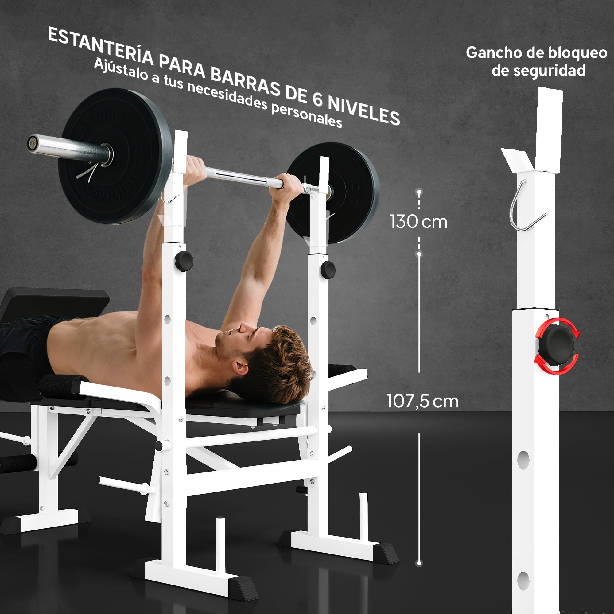 HOMCOM Banco de Musculación Multifuncional Inclinable, Banco de Pesas, Press Banca con Soporte para Barra Ajustable, Extensión de Piernas, Curl de Predicador, Mariposa, Entrenamiento en Casa, Gimnasio