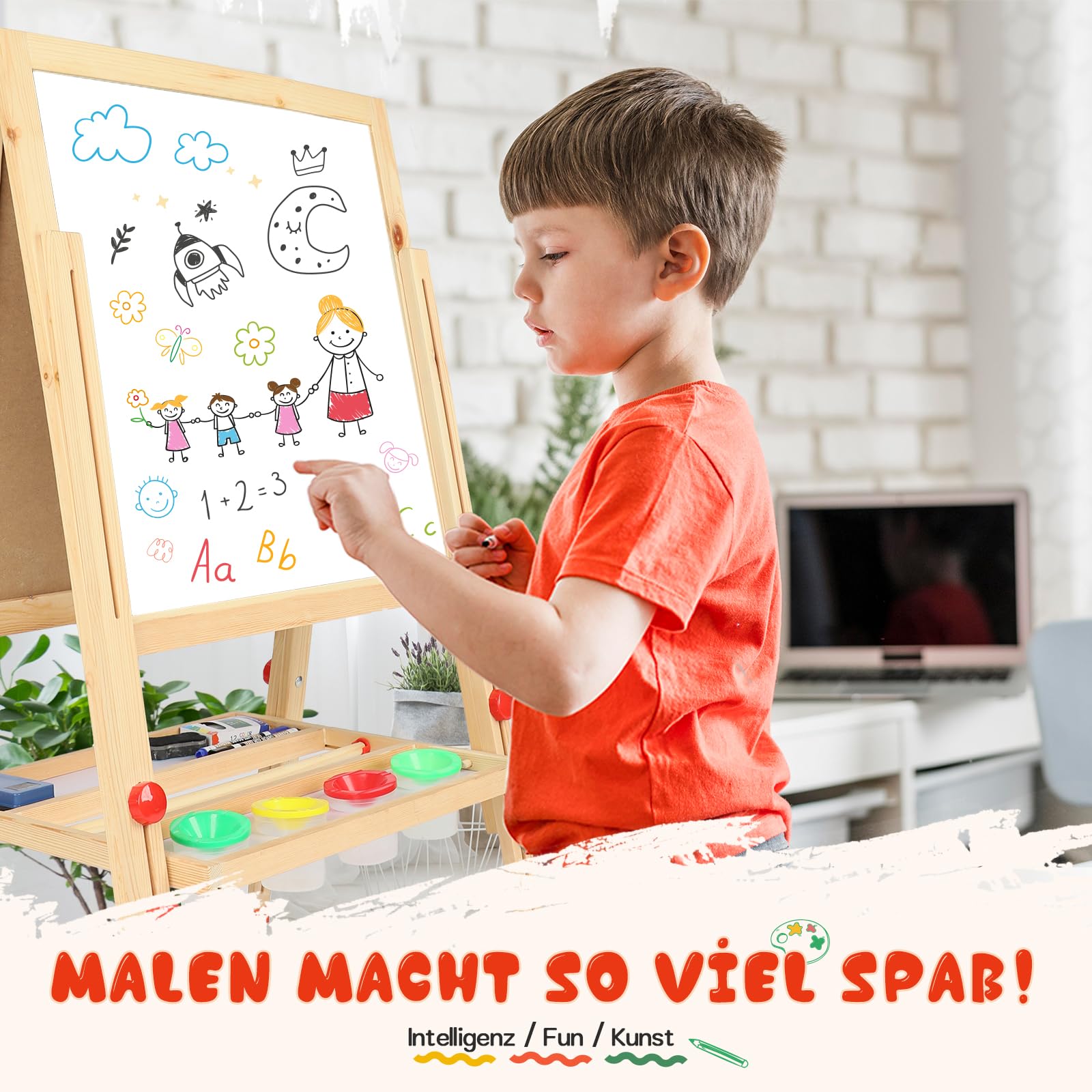 Dripex Kinder Tafel Holz Kindertafel Malerei Holztafel Doppelseitige Kreidetafel und Whiteboard Höhenverstellbar Standtafel mit 24Stk Zubehör (ab 3 Jahre)
