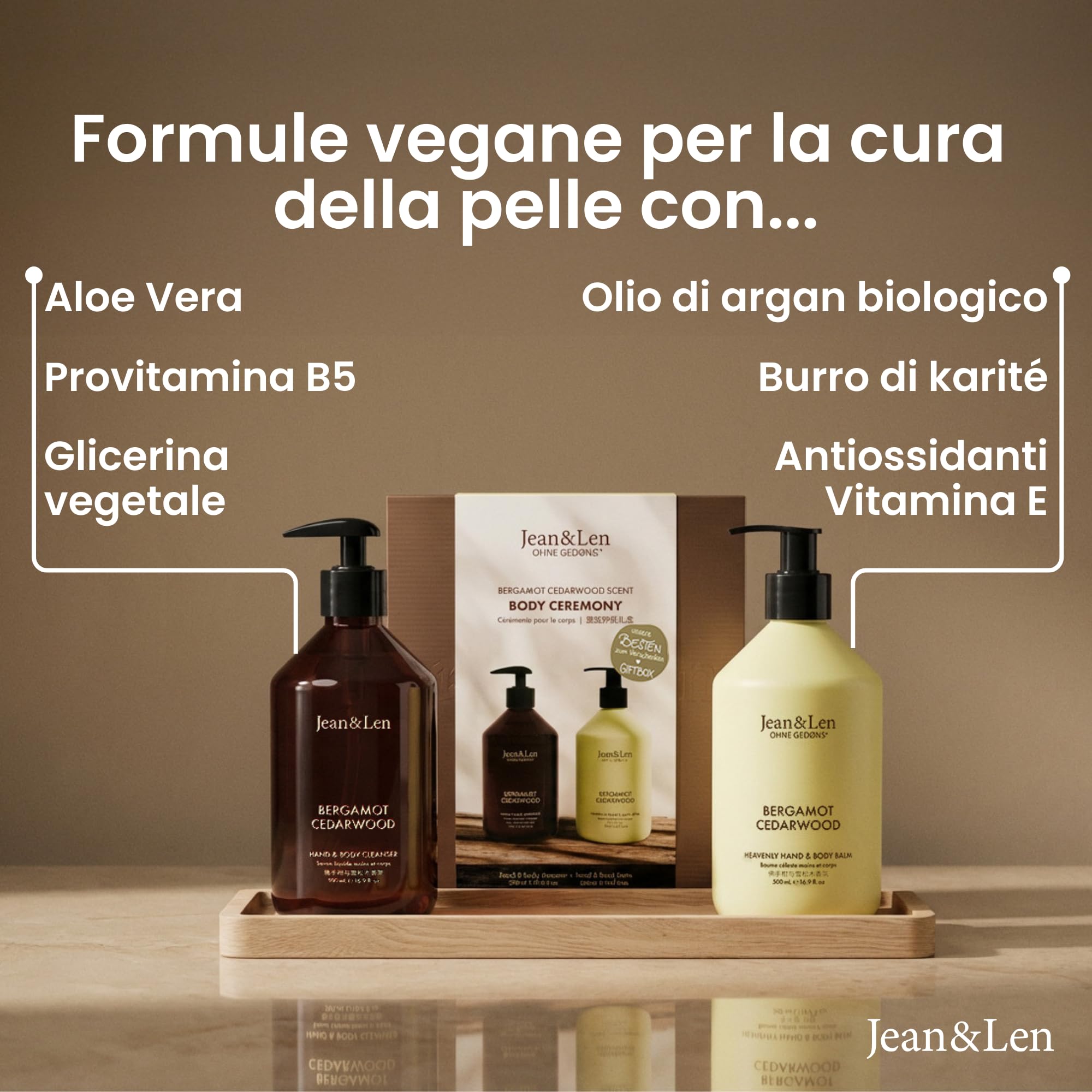 Jean & Len Body Ceremony Bergamot & Cedarwood, detergente e balsamo mani e corpo, set regalo di alta qualità, fragranza agrumata e aspra, confezione FSC certificata, 2 × 500 ml