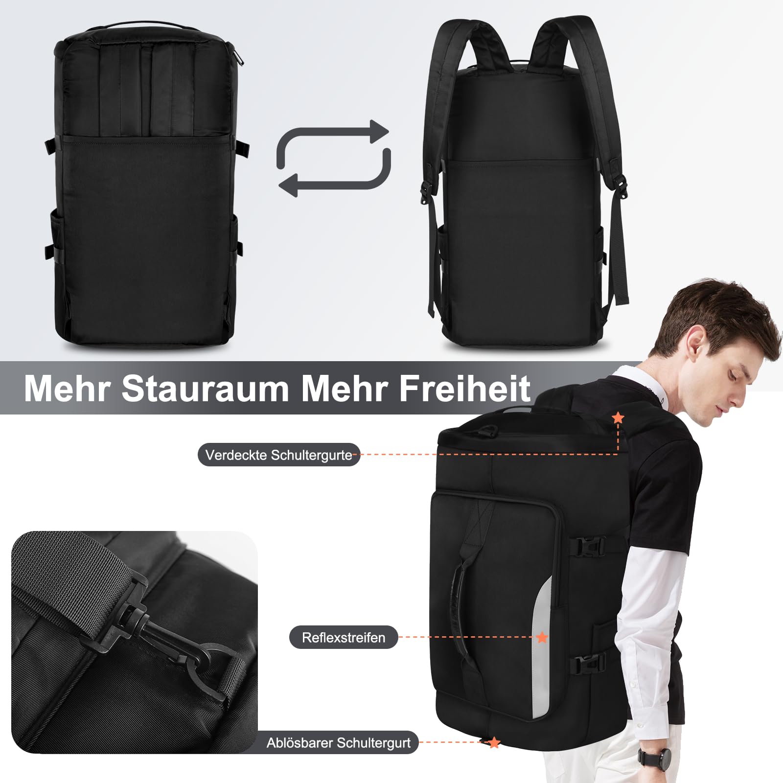 KYYLZ 45L Sporttasche Damen Herren, Groß Reisetasche mit Schuhfach und Nassfach Travel Duffle Bag mit Rucksack Weekender für Sporturlaub, Reisen, Fitnessstudio, Schwimmen, Schwarz - 4