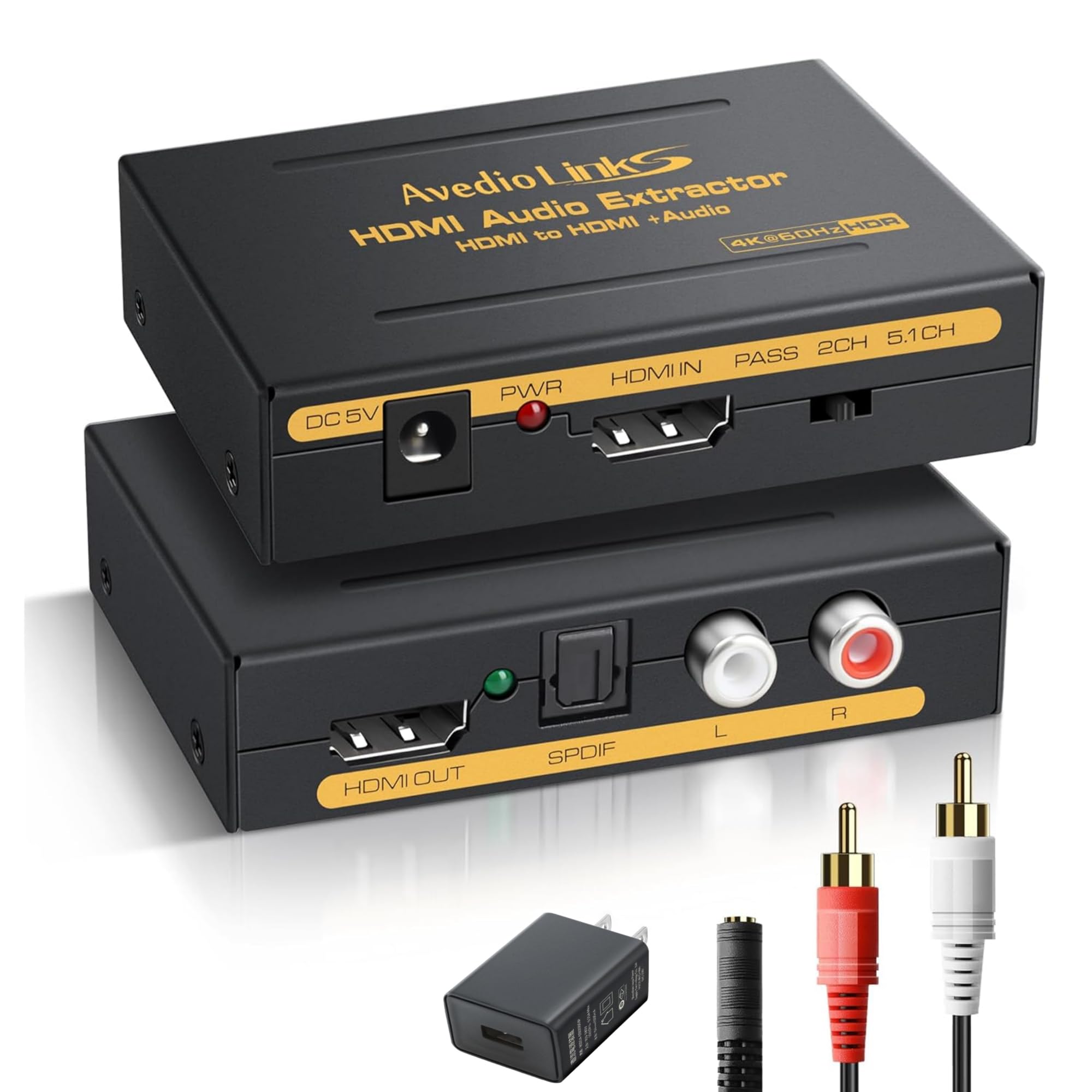 avedio links 4K@60Hz HDMI 音声分離器 HDMIデジタルオーディオ分離器 5.1ch SPDIF光デジタル+RCAアナログ ステレオ 音声出力 音声コンバーター PS5/Fire TV/Blu-ray対応 PSE認証電源アダプタ付属