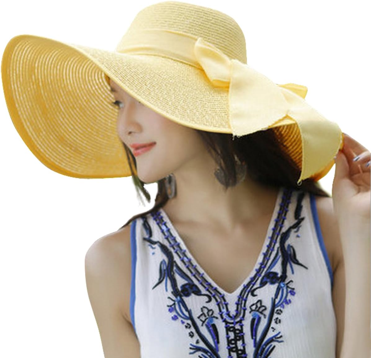 JOYEBUY Women Big Bowknot Straw Hat Floppy Foldable Roll up UV Protection Beach Cap Sun Hat