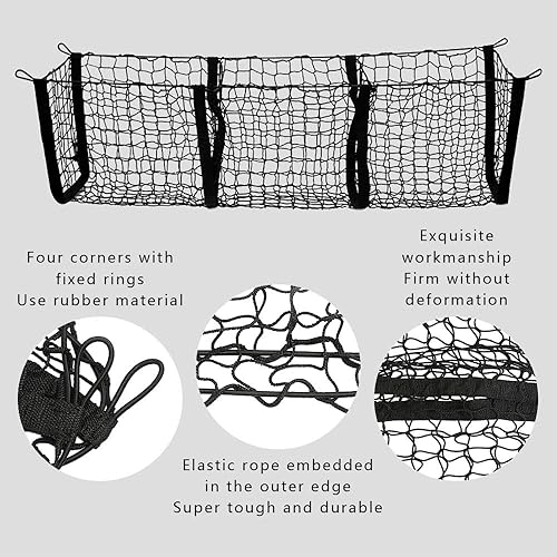 Miniatura 6 de Red de malla de almacenamiento de carga, 3 bolsillos de red de carga, organizador de maletero de carga de malla adecuada para automóvil, SUV,