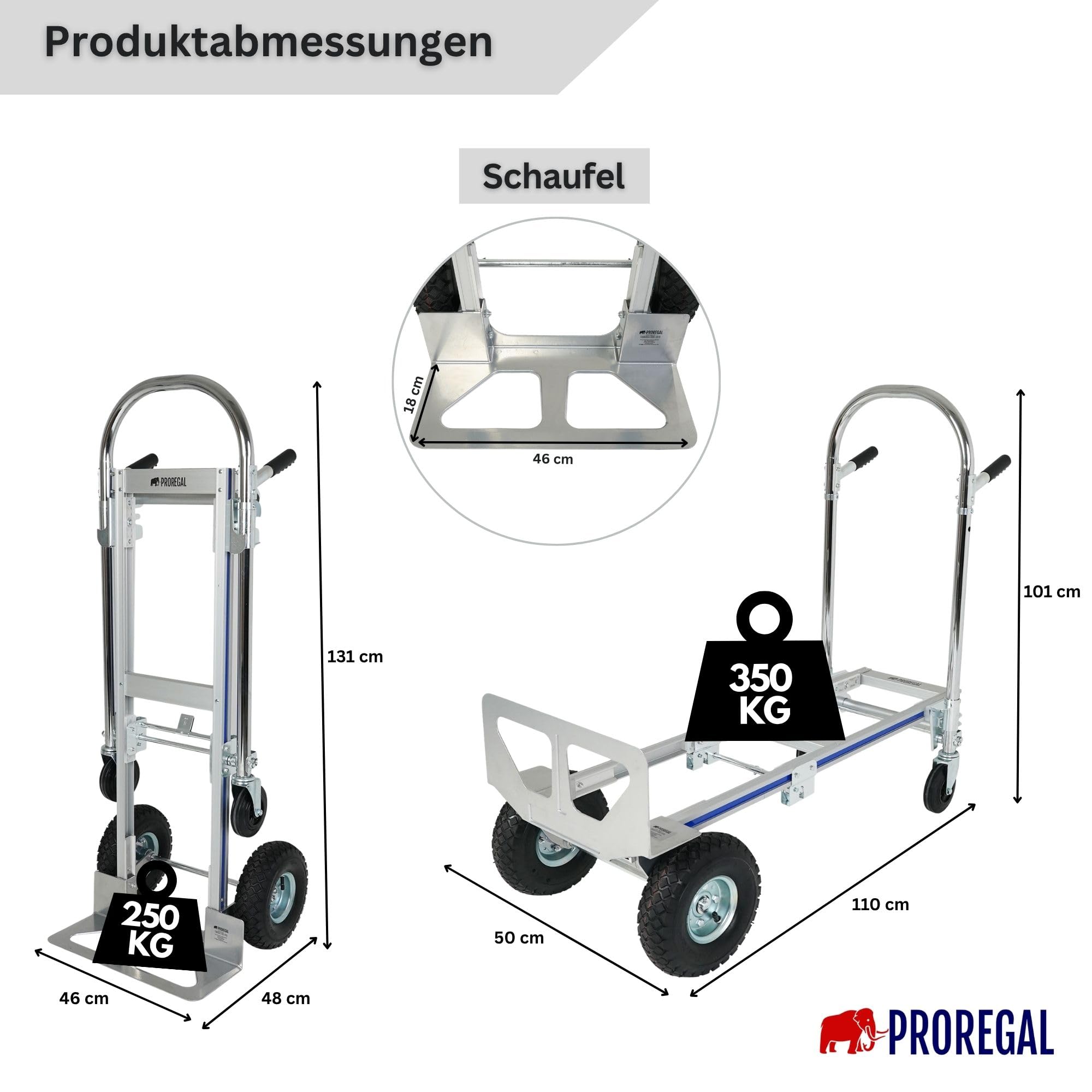PROREGAL 2-in1 Sackkarre & Plattformwagen Apollo klappbar Traglast 350/250 kg, 2 Luftbereifung & 2 Vollgummiräder, Stahlrahmen, 131x50x48cm Transportkarre Transportwagen