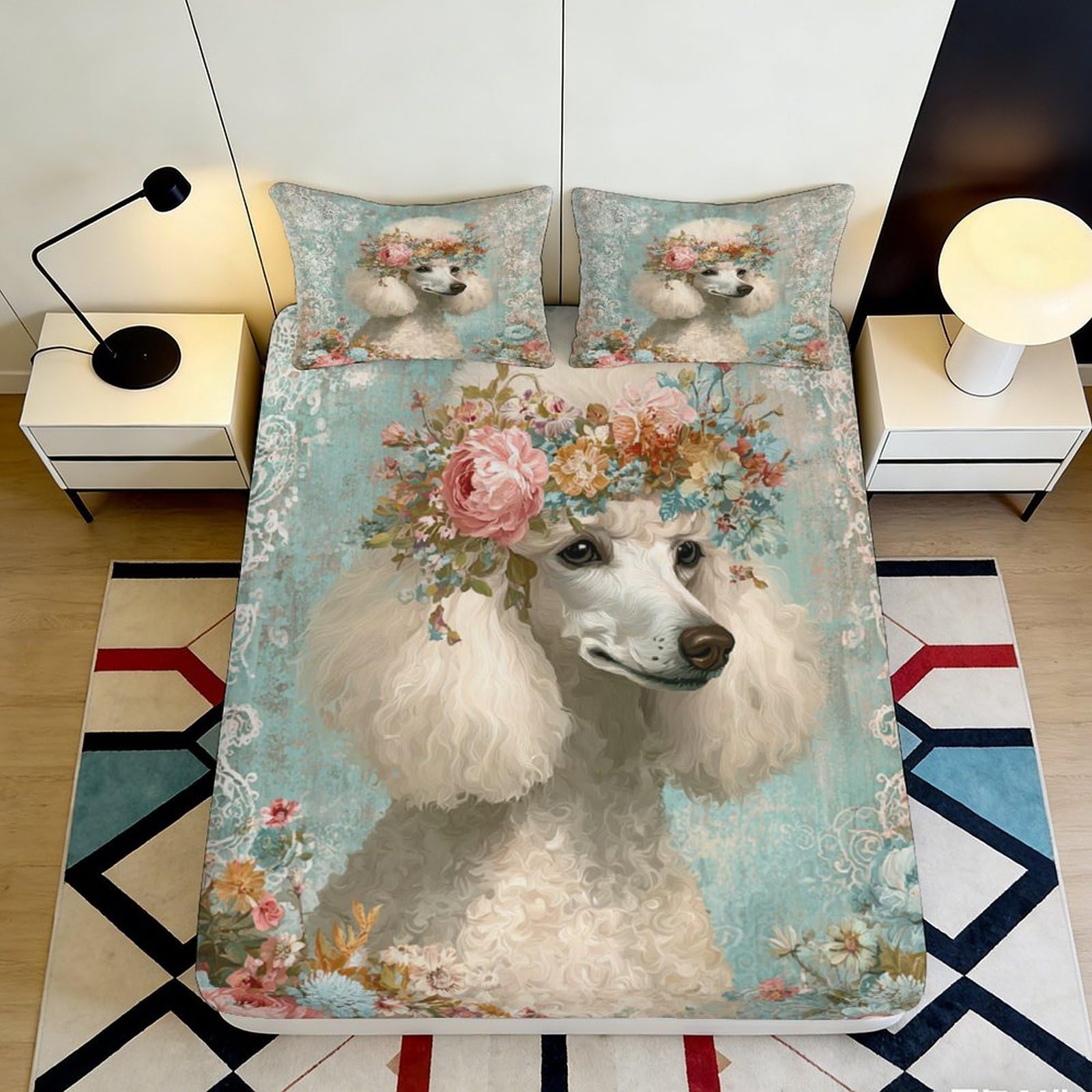 3D Printed Floral Poodle Fitted Sheet Microfiber Soft Artistic Dog Bed Cover for Bedroom Guest Room Protection Decor 90x200x25cm