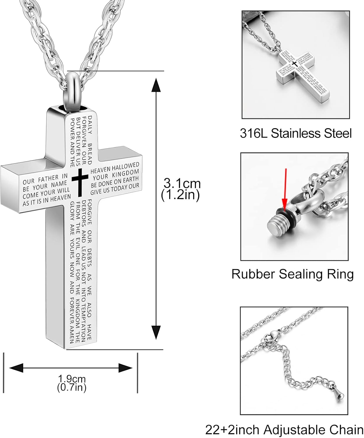 Cremation Cross Necklace for Ashes Stainless Steel Cross Urn Pendant Ashes Holder Memorial Jewelry-With Me Always - Image 3