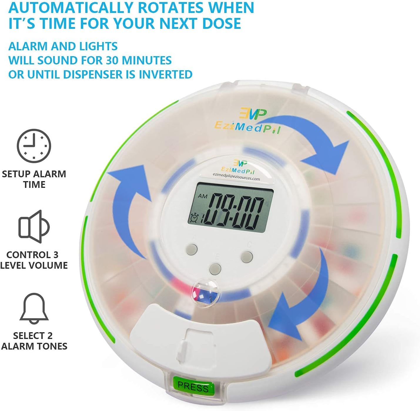Top view of the dispenser illustrating automatic rotation with arrows, and icons for setting alarm time, controlling volume, and selecting alarm tones.