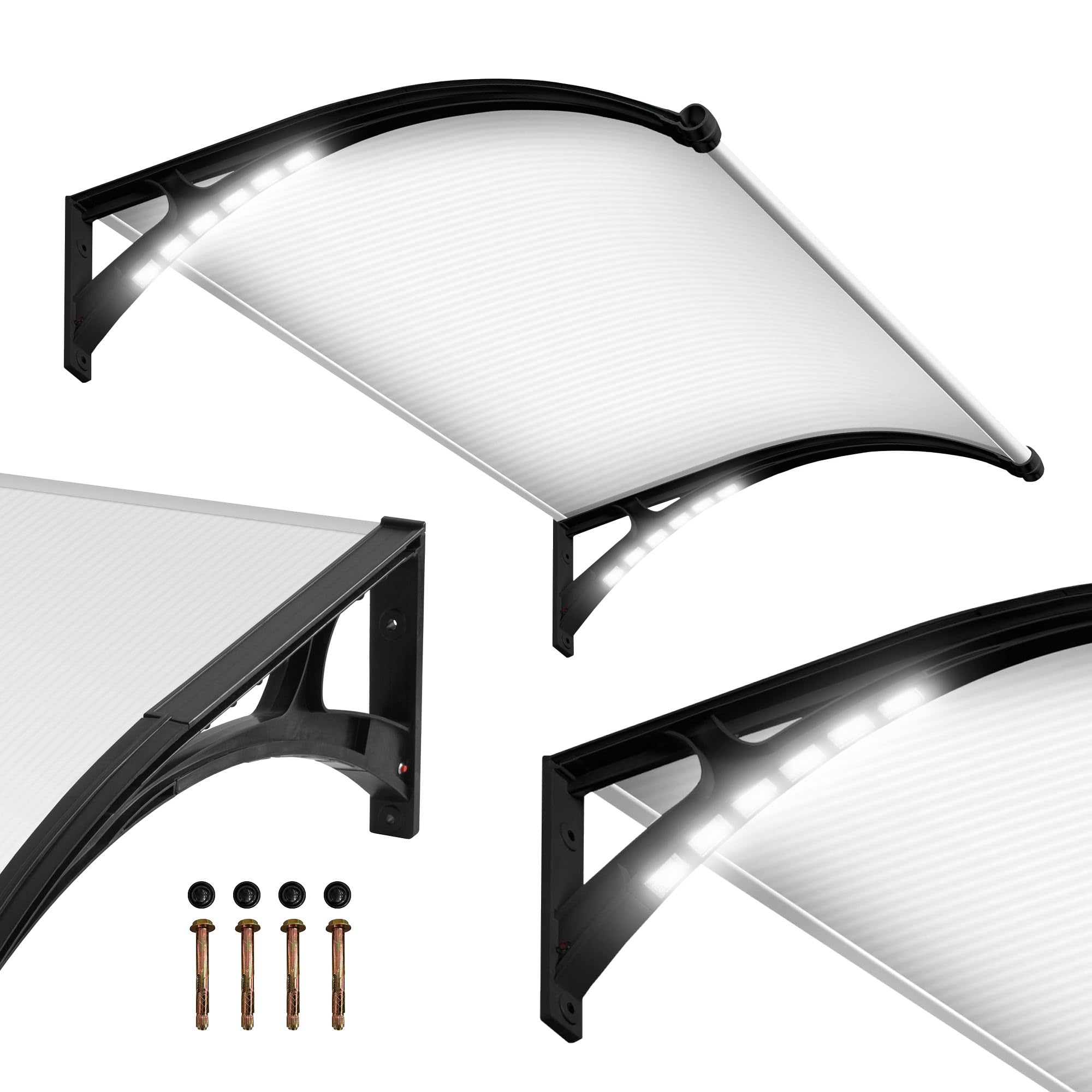 Wasabi - Marquesina Puerta Exterior 150x100cm Light Solar LED – Policarbonato 5,2mm – Soportes Reforzados de Plástico – Incluye Luz Solar LED – Tejadillo Protección Lluvia Ventana Resistente