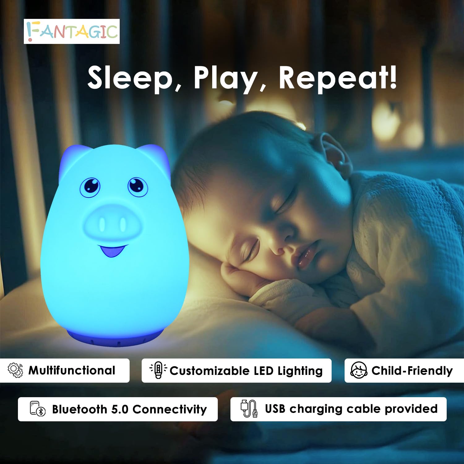 Altoparlante Bluetooth combinato e luce notturna con 9 emissioni di colore, silicone adatto ai bambini e senza BPA, ricarica USB, riceve audio da computer, telefono o tablet e include telecomando