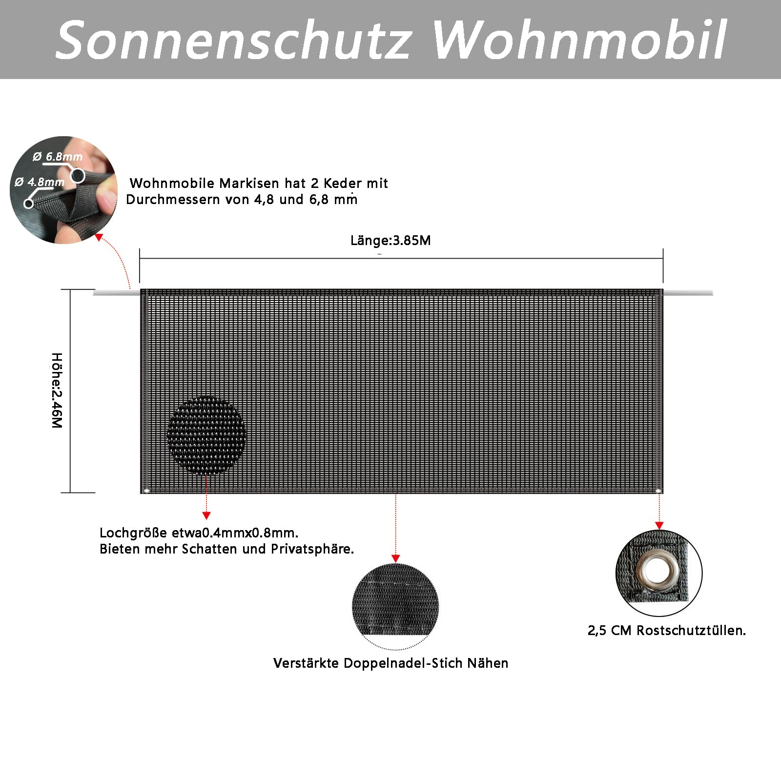 markise keder 5 mm SHADEPLUS Sonnenschutz für Wohnmobile, Universelle Markisen mit Ø4.8mm & 6.8mm, Sunblocker-Vorderwände mit Kompletten Sets 2.46Mx3.85M Screen Auto & Motorrad Quantity:15-pack over-3000 Bastion Cycles Titan-Carbon Cockpit: