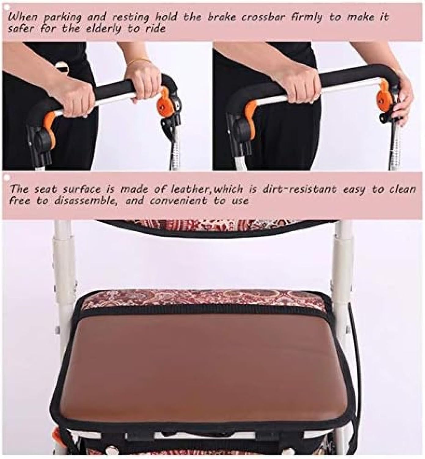 Andador plegable con asiento, ligero, altura ajustable, asiento acolchado, cesta de transporte, frenos bloqueables, fácil almacenamiento y transporte