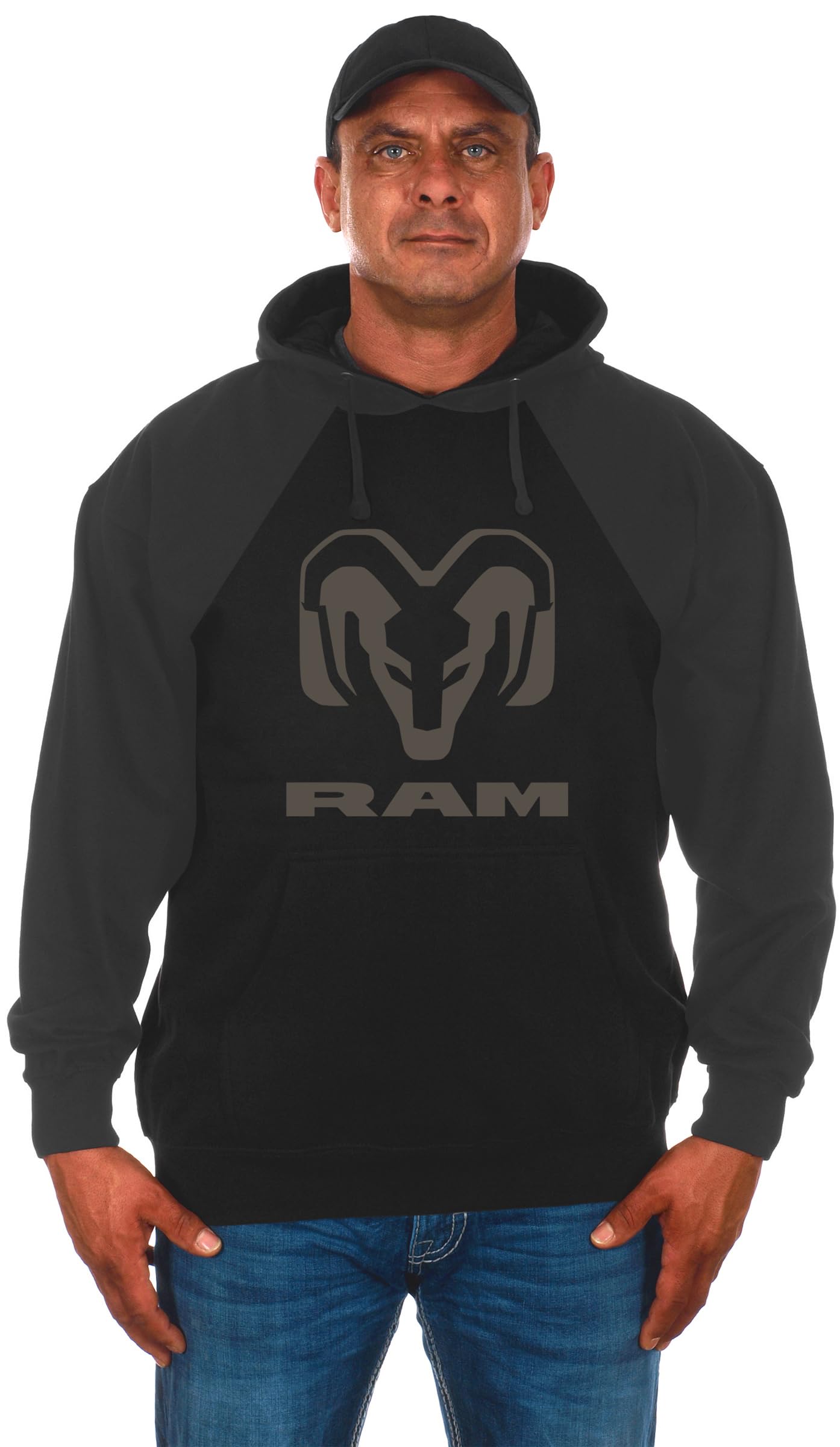 JH DESIGN GROUP Men's Dodge Ram Pullover Hoodie Sweatshirt in 2 Styles, Black & Charcoal, XXL