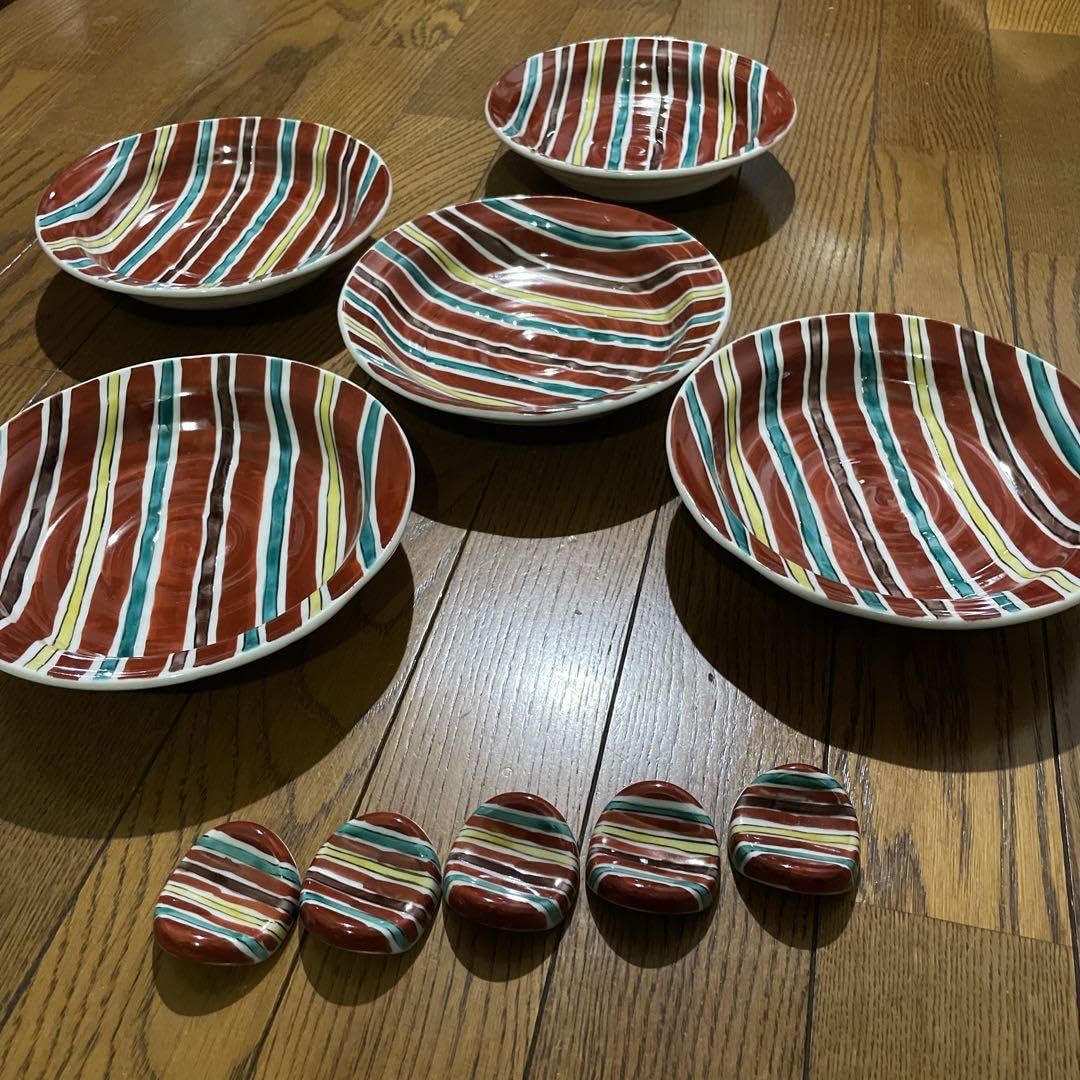 陶器 九谷焼 5枚組 皿 魯山人写し 色絵双魚文 山下紫布 共箱付き