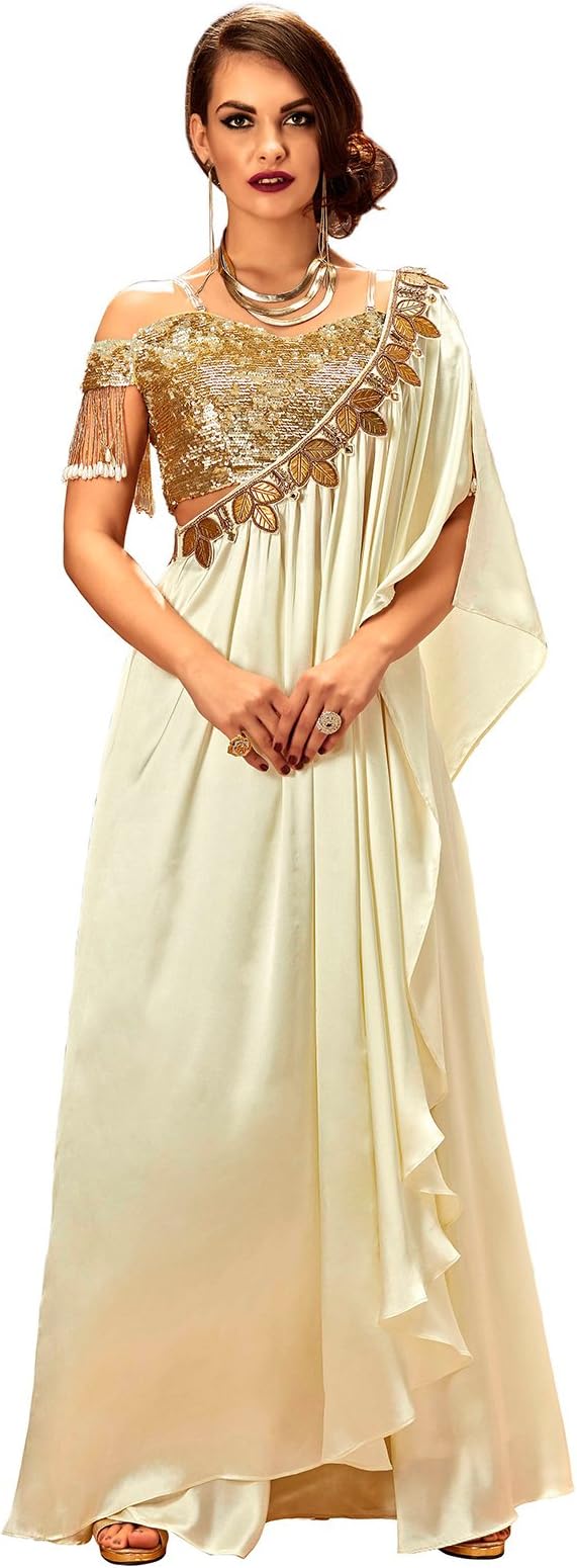 Khwaab Women's Golden Designer Cape Style Tunic Ready Made Party Wear Western Lehenga, Size 40