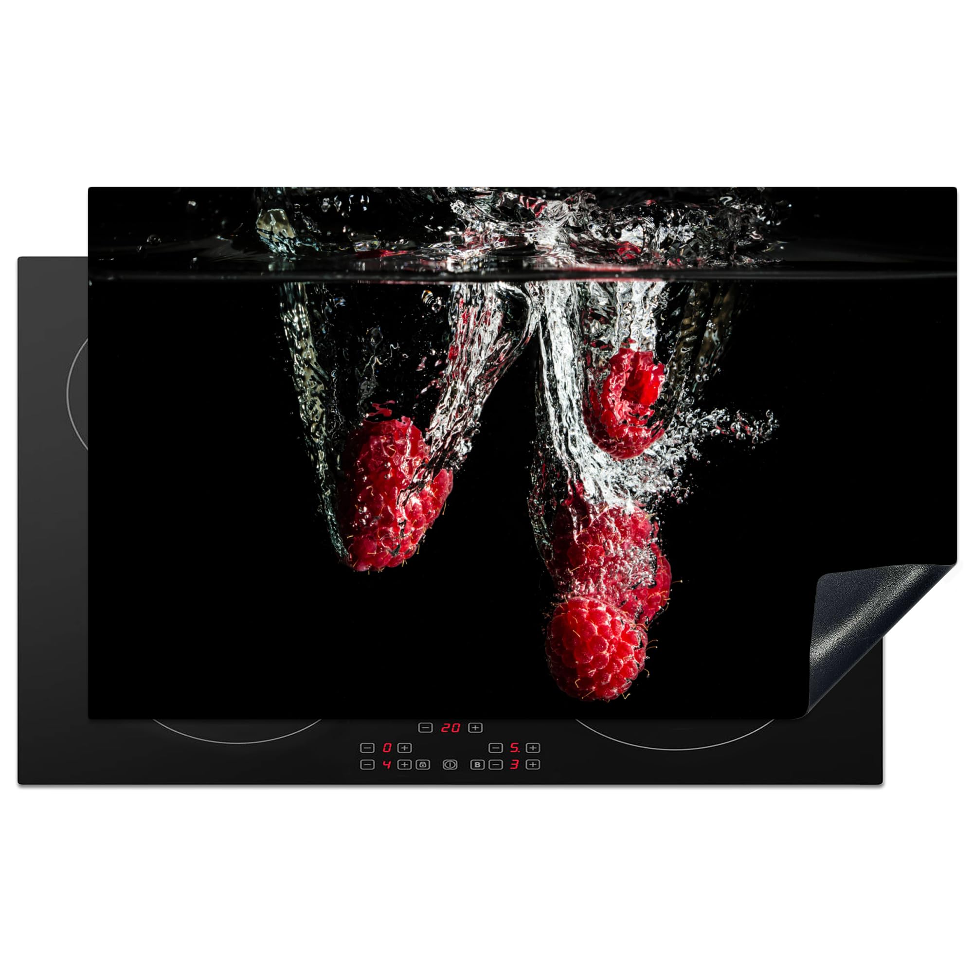KitchenYeah© Induction Hob Protector Mat 20.5"x33.5" / 85x52 cm Cooker Top Protectors Cover Ceramic Covers Electric Hobs Vinyl Raspberries - Fruit - Still Life - Water - Black - Red