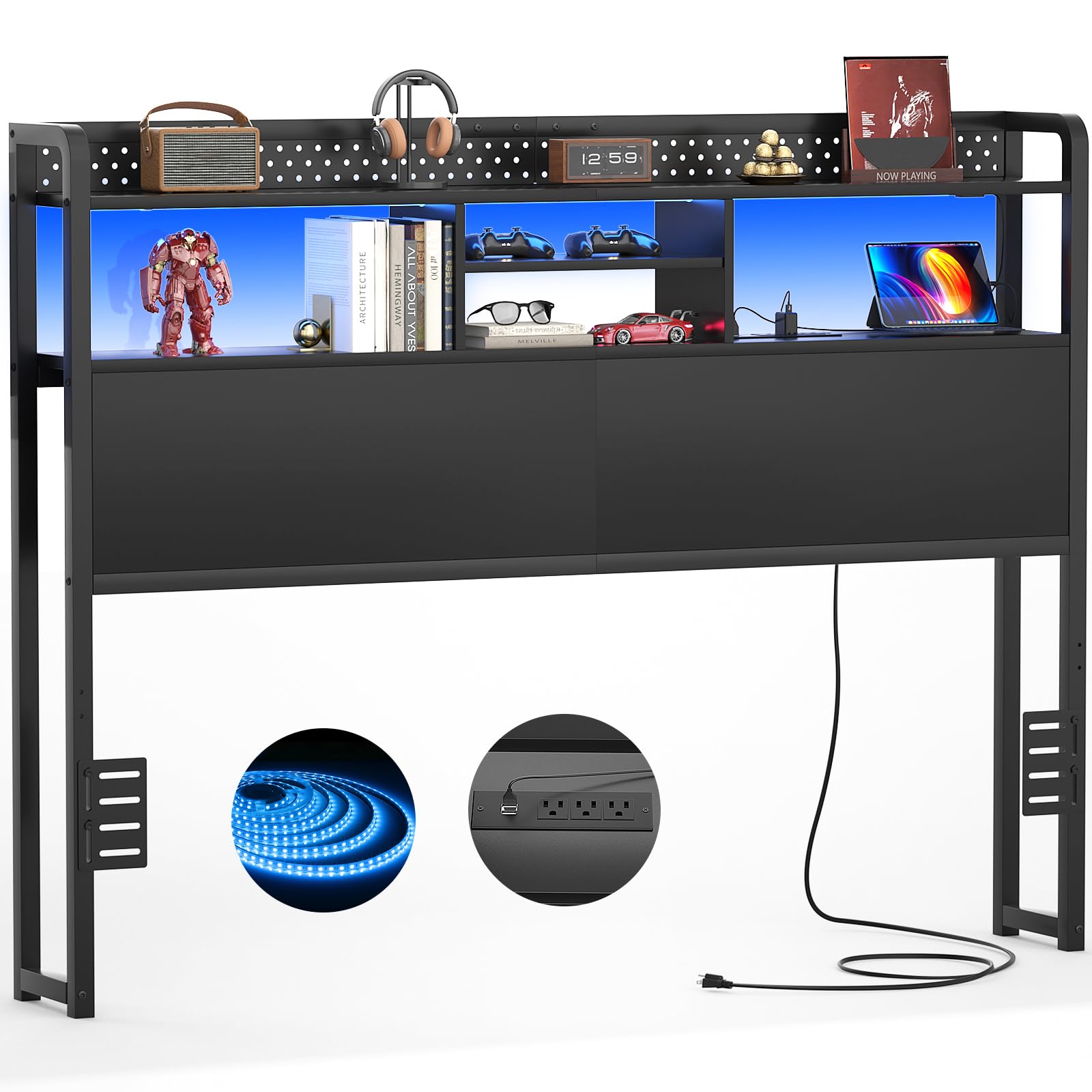 Unikito Headboard for Queen Size Bed with Storage Shelf, Head Board with 3 Outlets and 2 USB Ports, Headboards with RGB LED Light, Height Adjustable,