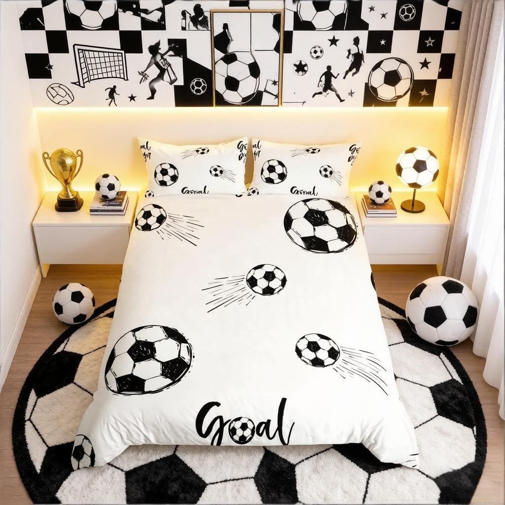 Loussiesd Boys Football Duvet Cover Sports Theme Comforter Cover Kids Soccer Ball Pattern Bedding Set For Children Men Black White Bedspread Cover Ultra Soft Room Decor Super King Bedclothes Zipper