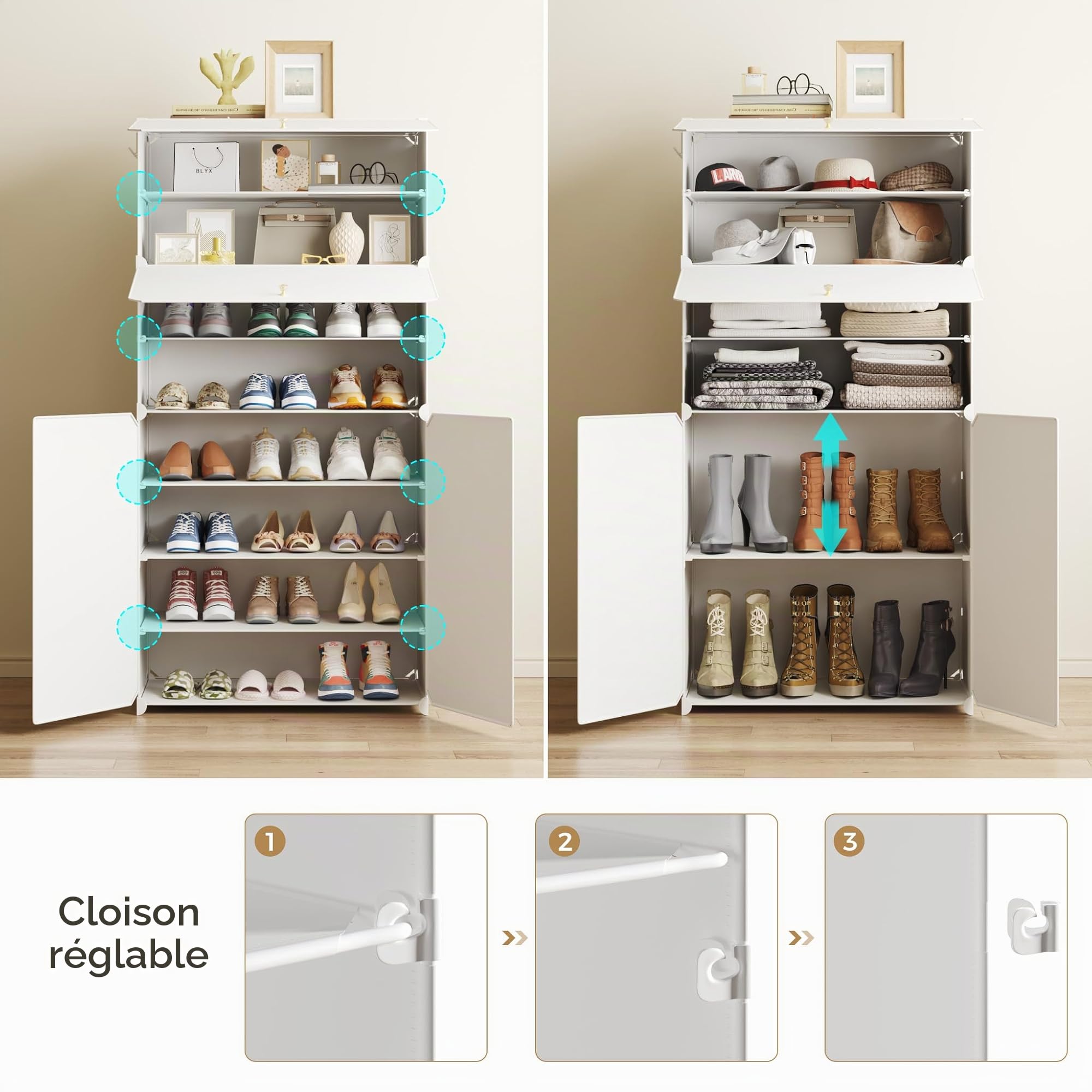 Mondeer Étagère à Chaussures 8 Niveaux, Étagère de Rangement Modulable avec Porte en Plastique, pour Couloir Chambre Salon, 30 x 60 x 138 cm (Blanc)