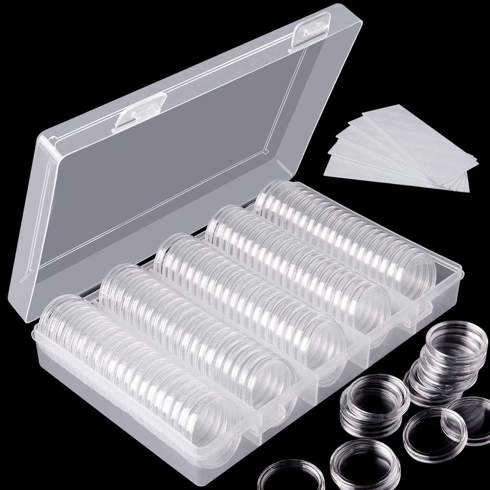 SanDejlba 100 Pcs 30mm Coin Holder Coin Capsule with Storage Box, Coin Collection Supplies Clear Coin Storage Case Organizer Box with Foam Protect Gasket Silver Dollar Coin Holders(17/20/25/27/30mm)