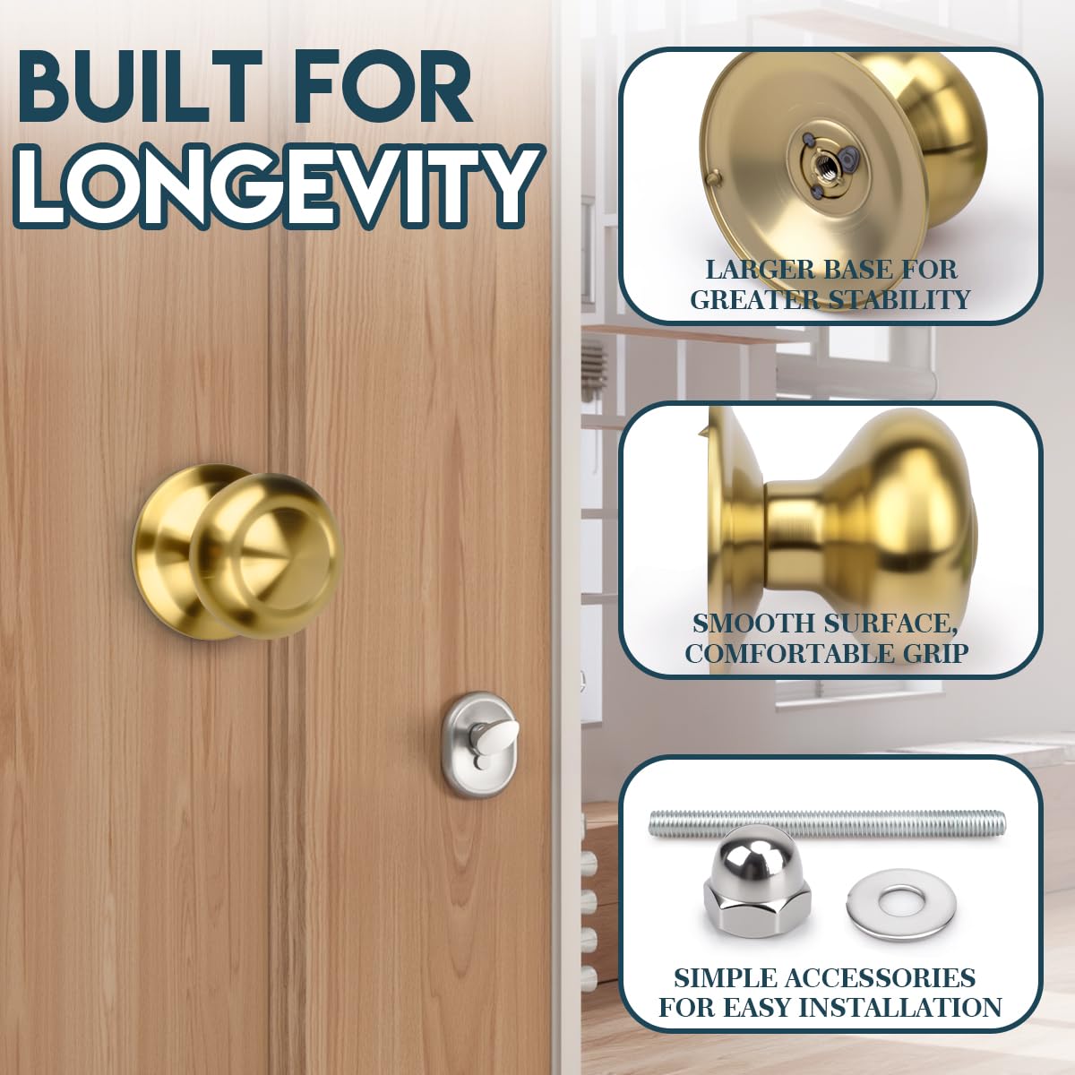 70mm 2 Pieza Oro cepillado PVDB Manijas de puerta esféricas redondas de acero inoxidable de grado aeroespacial de estilo español. Adecuadas para todas las puertas interiores y exteriores.