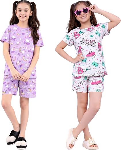 LITBABY Cotton Half Sleeves Night Suit for Girls | Coord Set with Shorts | Pull-On Style Daywear and Sleepwear | Above Kne...