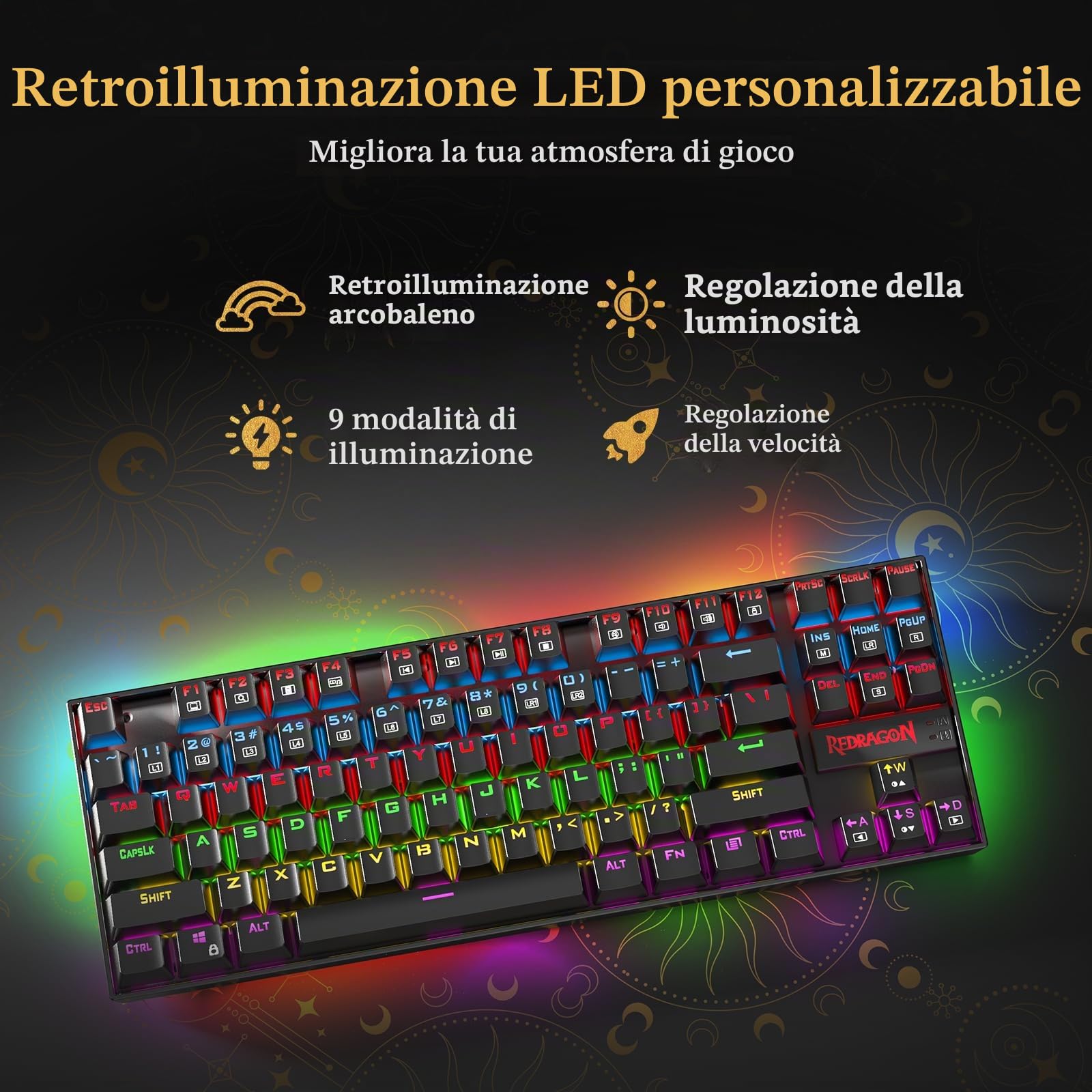 Redragon Tastiera Gaming Meccanica, LED RGB Retroilluminato Arcobaleno, Tastiera Cablata con Interruttori Red Equivalenti per PC da Gioco Windows (87 Tasti, Nero)