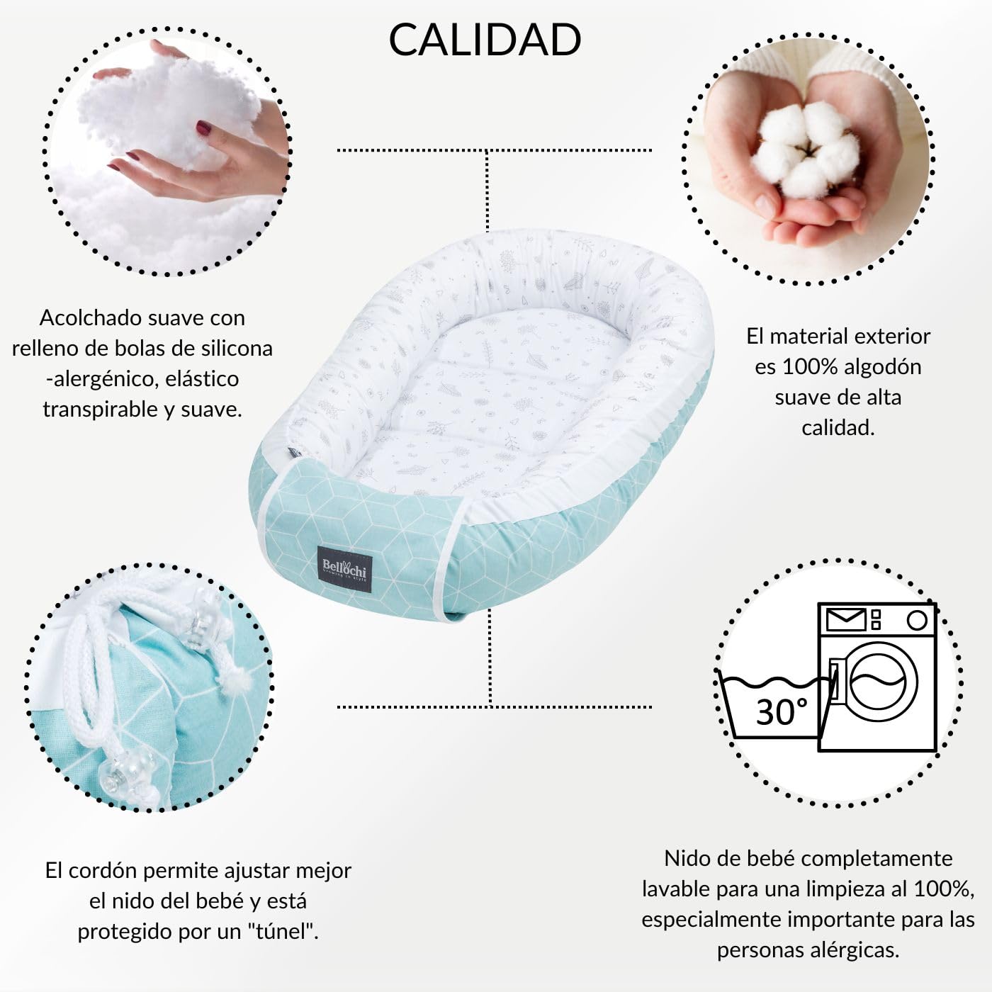 Bellochi Nido Bebe Recien Nacido Reductor de Cuna Nido para Bebe - 100% Algodón - Oeko-Tex Certificado - 90x60x12cm con Bordes Protectores - Fresh