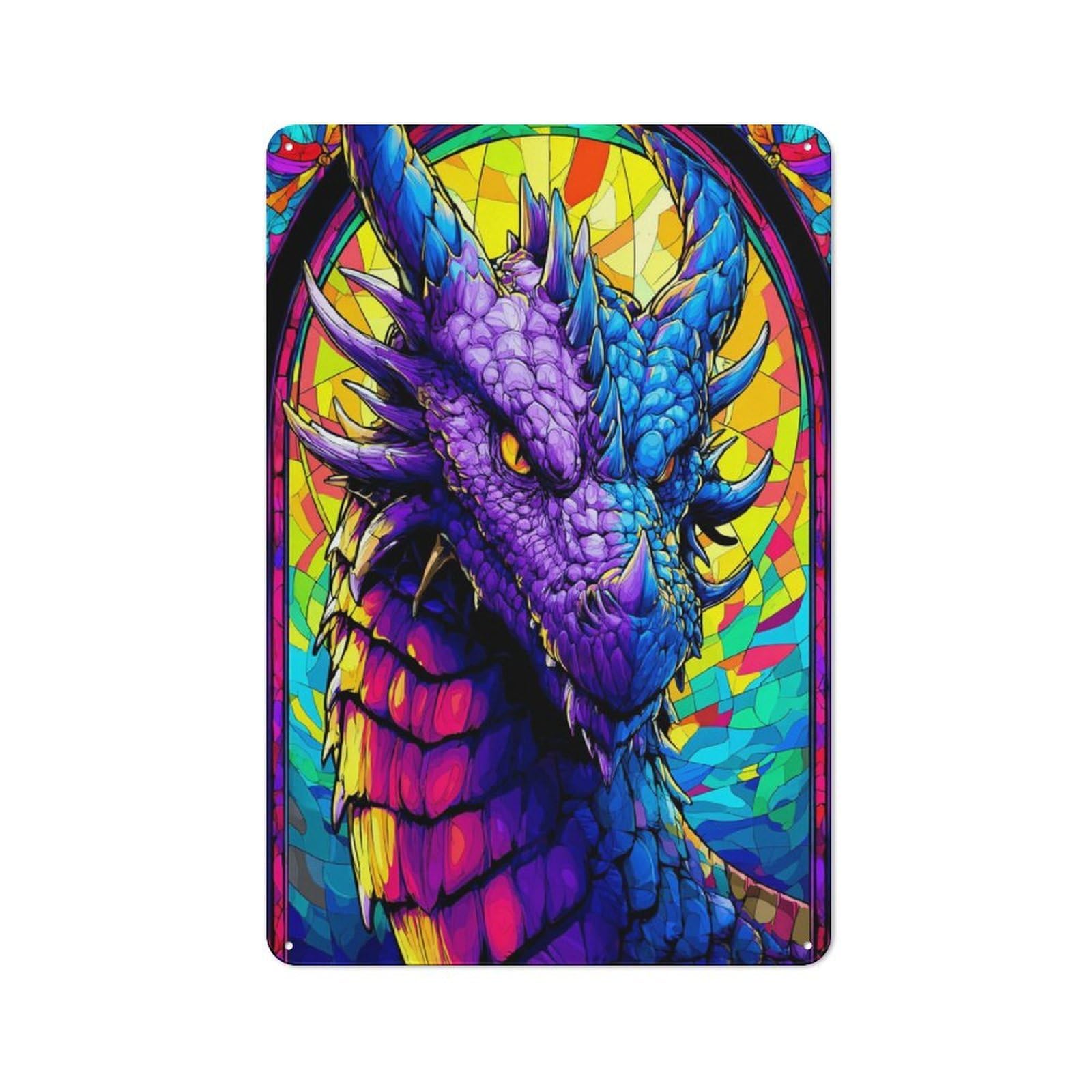 Junmoney Colorful Dragon Stained Glass Artwork Metal Sign 30X20cm With For Hallway Wall, Rustic Decor, For Furnishing A New Hallway With Rustic Decor