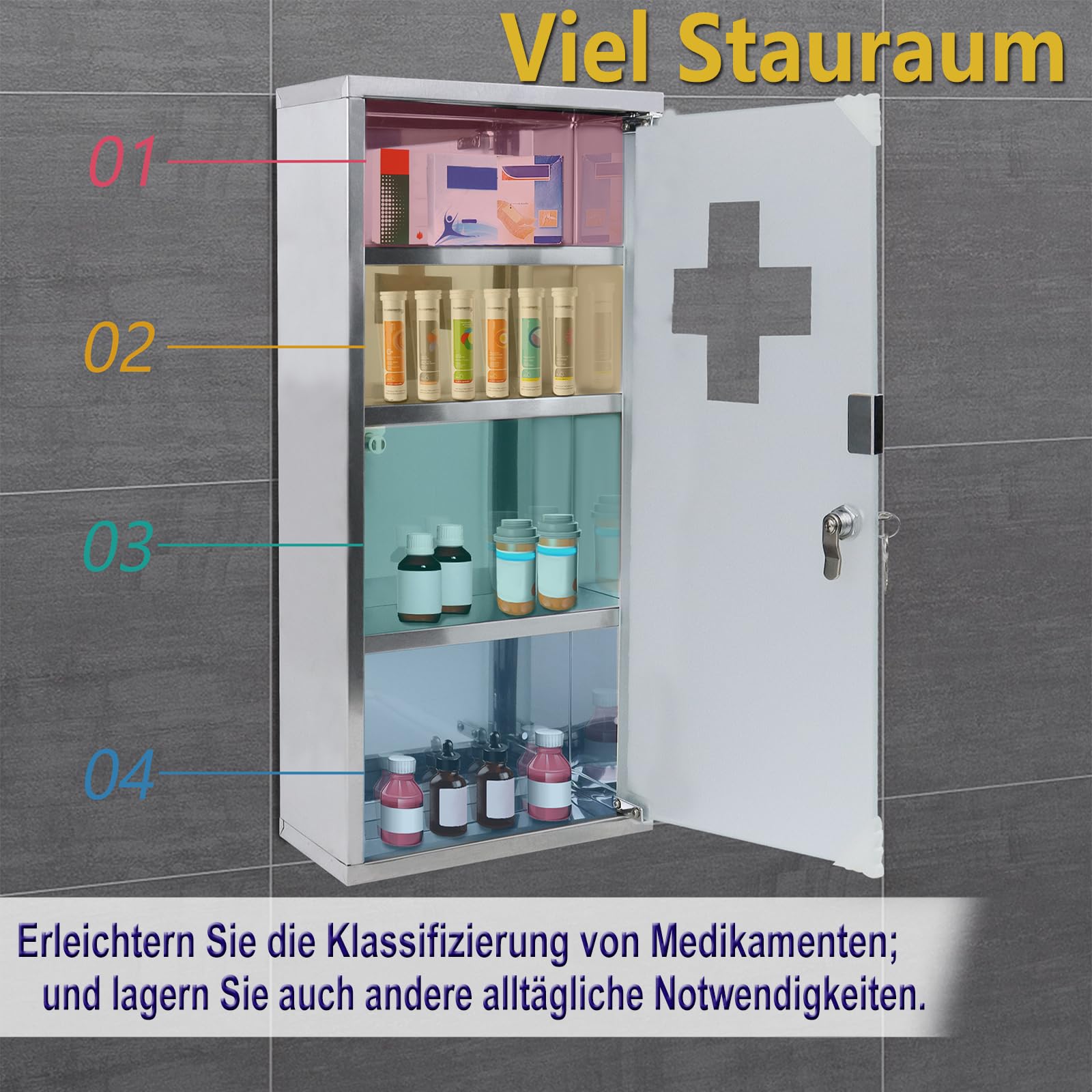 YRHome Armoire à pharmacie en acier inoxydable - 4 compartiments avec porte en verre et serrure verrouillable - 57,5 x 30 x 12 cm