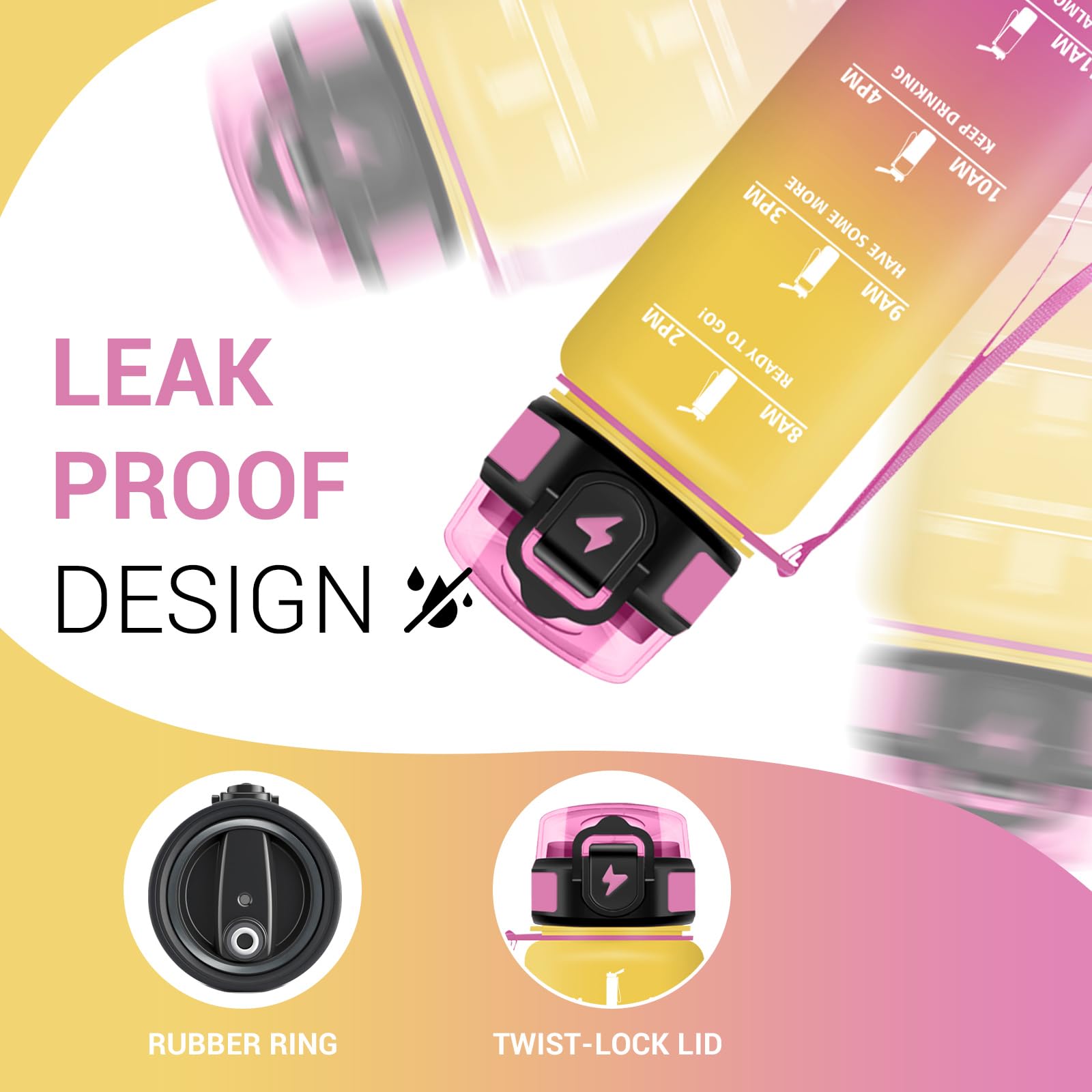 Borraccia Sportiva 1L, a Prova di Perdite, Facile da Aprire, Bottiglia Acqua Palestra con Indicatore del Tempo, Bottiglia con Cannuccia, Borraccia per Palestra, Corsa, Ufficio, Campeggio, Ciclismo