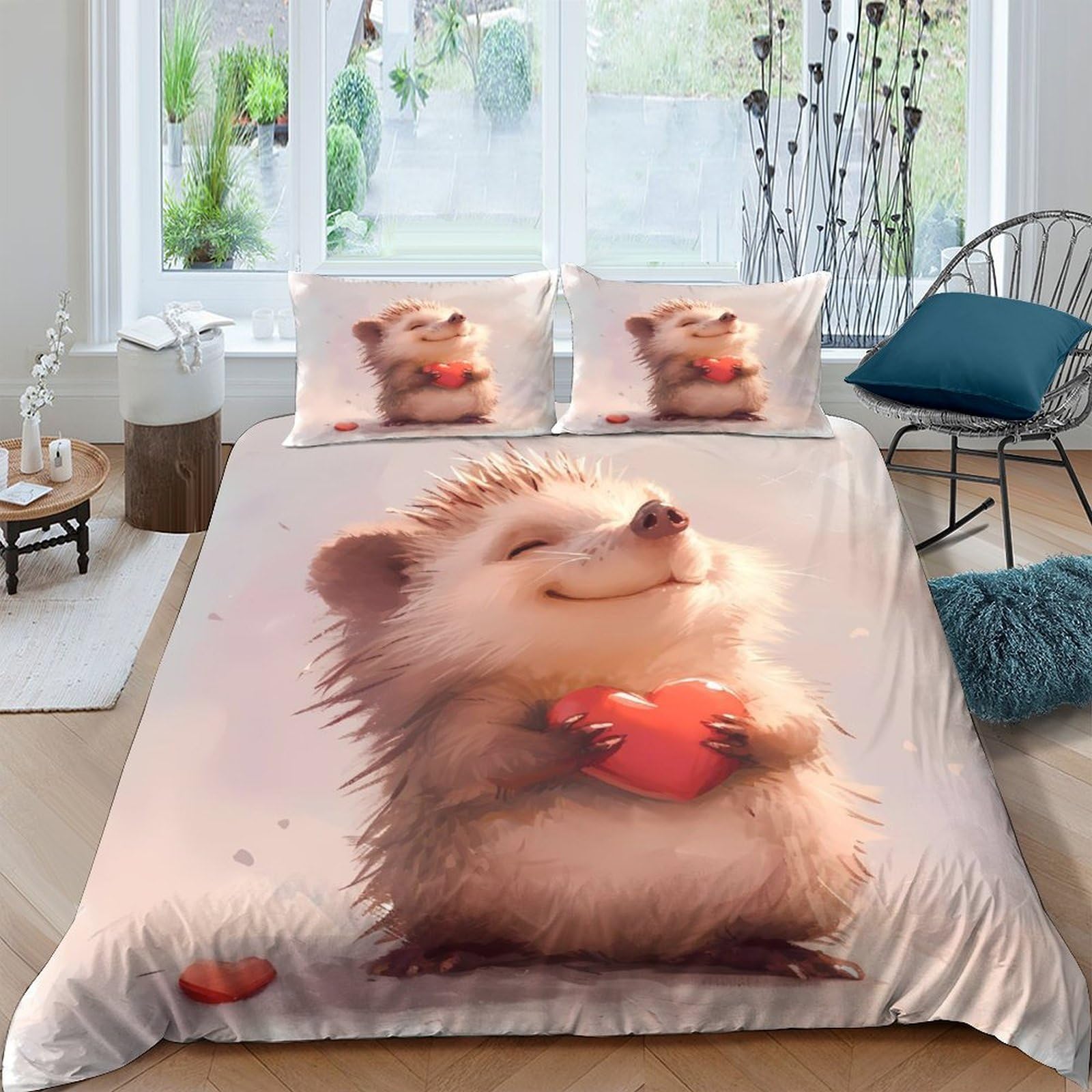Ctjqhvkz Style-7 3D Printed Cute Hedgehog Fitted Sheet Microfiber Soft Anti-Slip Heart Animal Bed Sheet For Bedroom Dorm Mattress Decor Single（135X200cm）