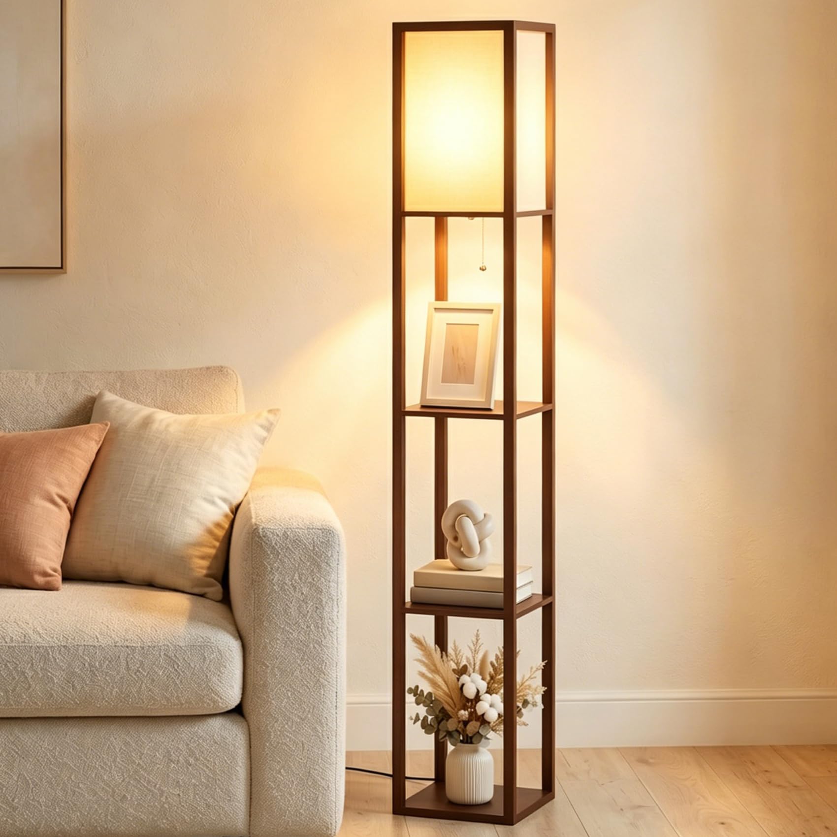 ARTETHYS Floor Lamp with Shelves, Standing Lamps for Living Room, Tall Lamp with LED Bulb, 3-Tier Storage Shelf, Modern Standard Wooden Lamp for Bedroom, Home Office, Brown