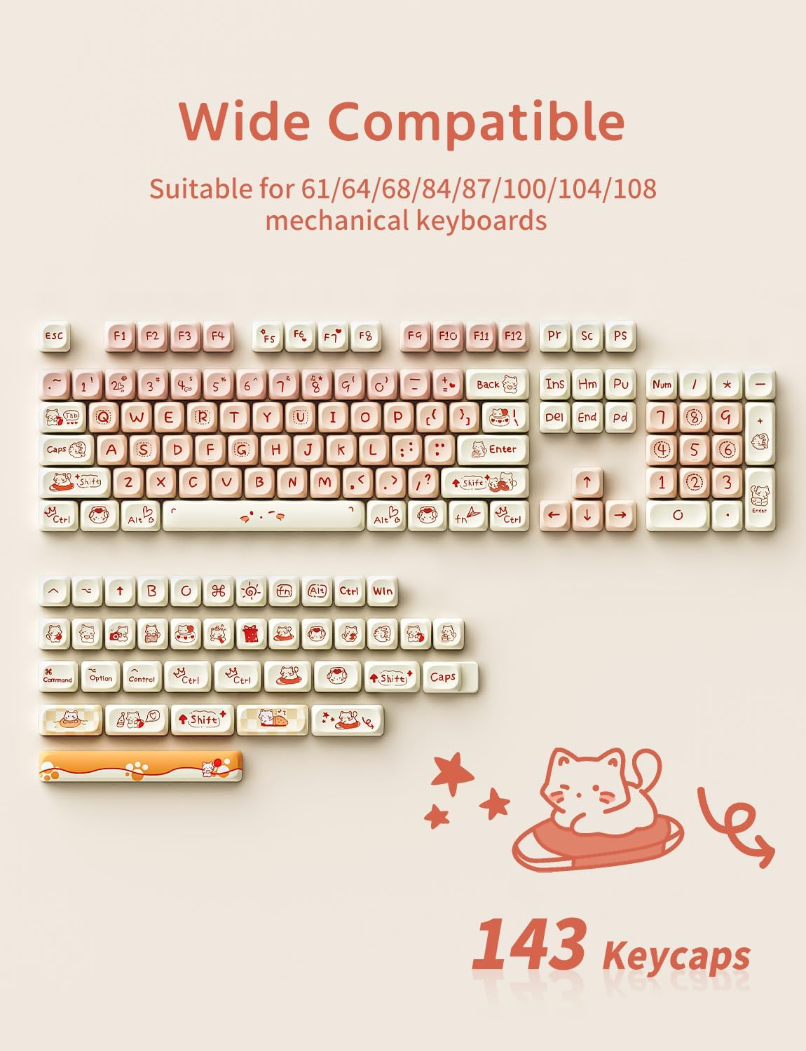 MOA Profile Keycaps - Cute Kitten Theme, PBT Key caps Dye-Sublimation, Custom 143 Keys Set for Cherry Gateron MX Switches Mechanical Keyboard