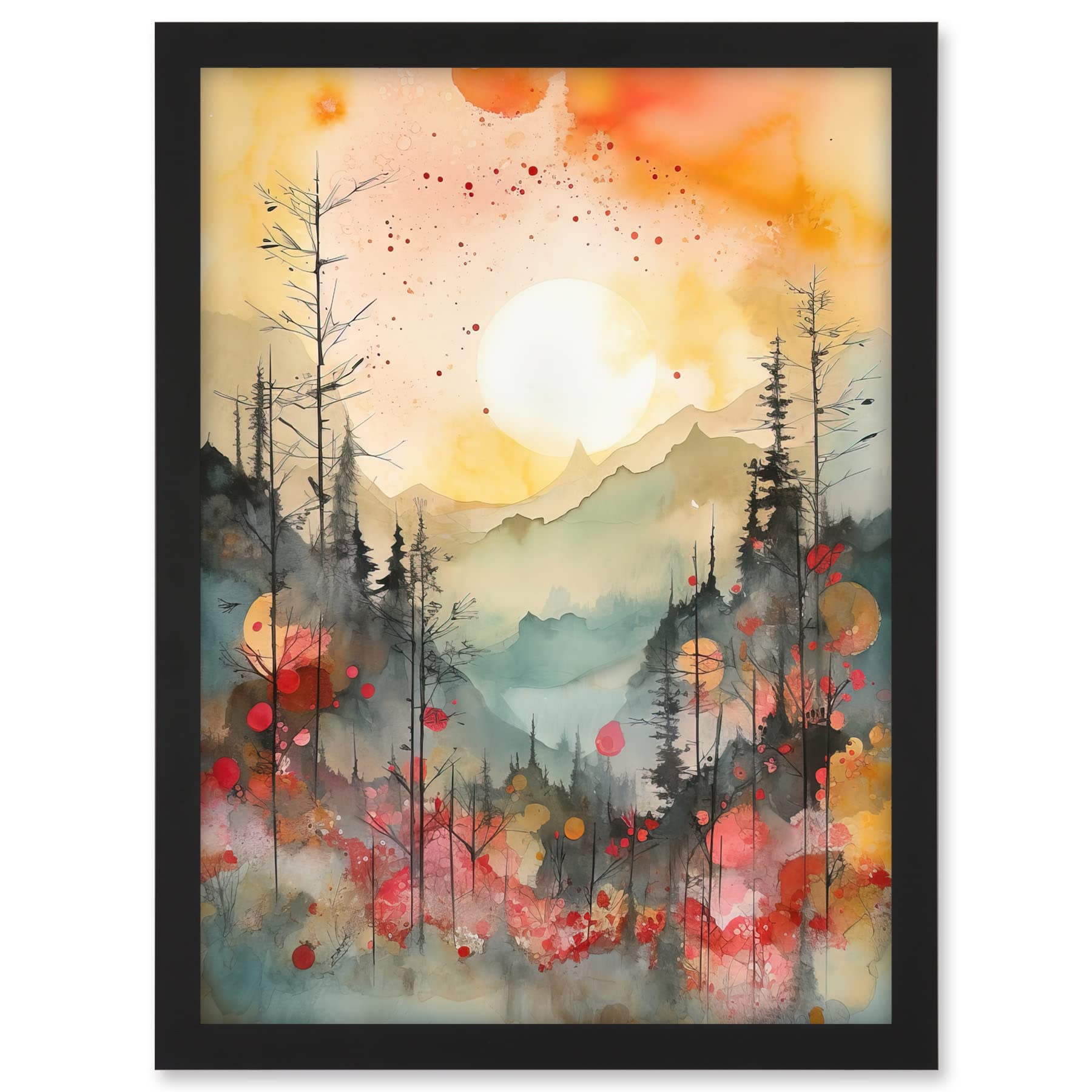Artery8 Sunrise Over Misty Mountain Forest Landscape Modern Watercolour Painting Artwork Framed A3 Wall Art Print
