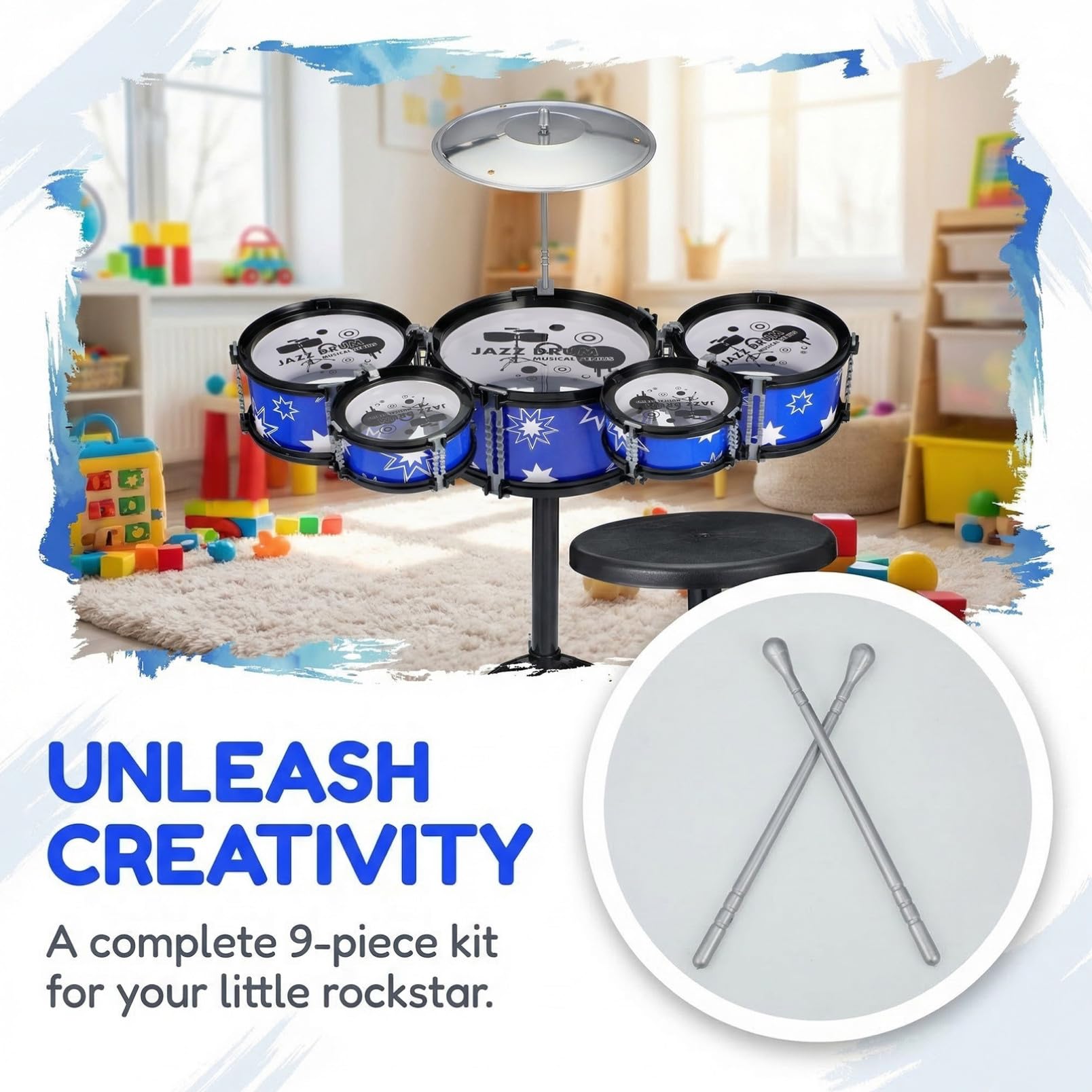 ifundom Batteria per Bambini 5-7 Anni Set da Gioco 21 Pollici Sgabello Strumento Musicale Educativi per Ragazzi Stimola Talento e Creatività