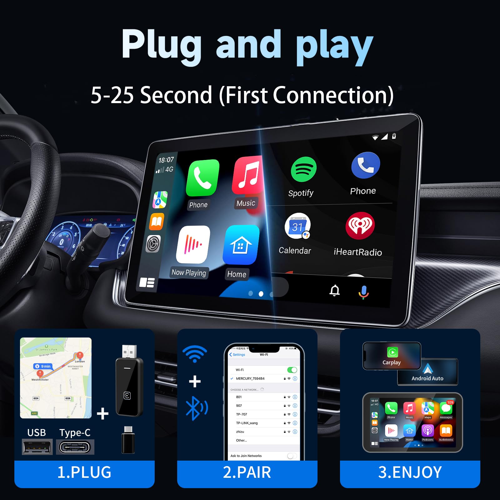 YSUNZIA Carplay Wireless Adapter for iPhone&Android, Wireless Control Plug &Play Mini USB A& USB-C Dongle Auto Car from 2015+ for iOS 10+/ Android 11