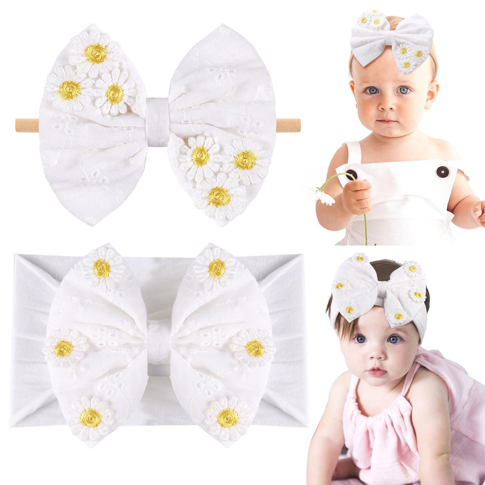 SubestyBaby Girl Bows Headbands, 2PCS White Daisy Baby Bows Handmade Soft Elastic Nylon Hairbands for Baby Girls Newborn Infant Toddler