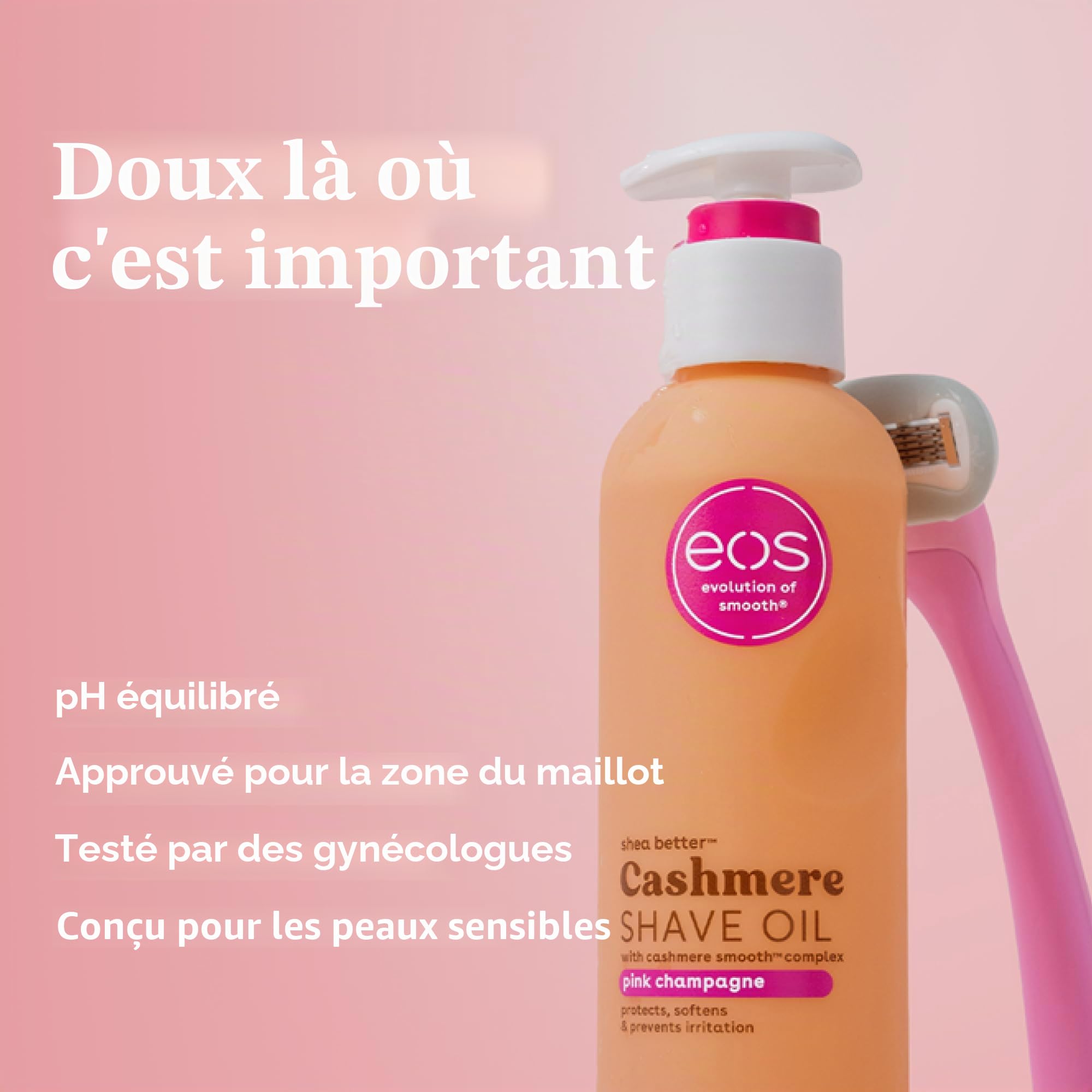 eos Cashmere Shave Oil - Huile de rasage hydratante rose champagne - Avec beurre de karité et glycérine - Pour peaux sensibles - 177 ml / 6 fl oz