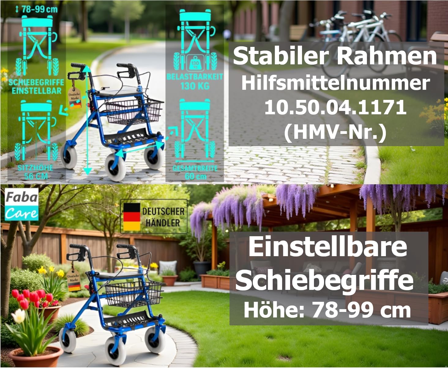 FabaCare Rollator mit Vollausstattung, Gehhilfe faltbar, Standardrollator, Korb, Sitz, Tablett, Farbe Blau
