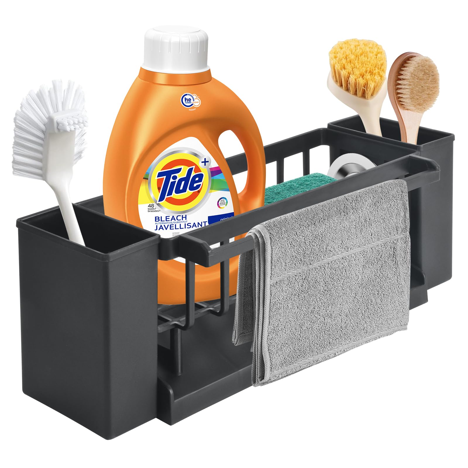 TOKPLNU Kitchen Sink Organiser with Dishcloth Hanger& Brush Holder,Soap and Sponge Holder for Kitchen Caddy Sink Tidy Storage Rack Washing Up Utensil Caddy for Bathroom,Black