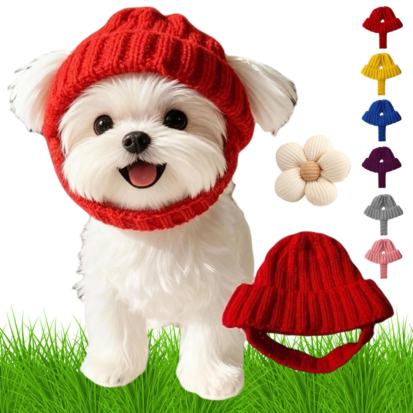 Red Knit Dog Beanie with Ear Flaps,Warm Winter Knit Hats for Small Dogs and Cats, Soft Stretchy Puppy Knit Cap for Cold Weather, Christmas Pet Hat Costume with Cozy Ear Coverage (A)