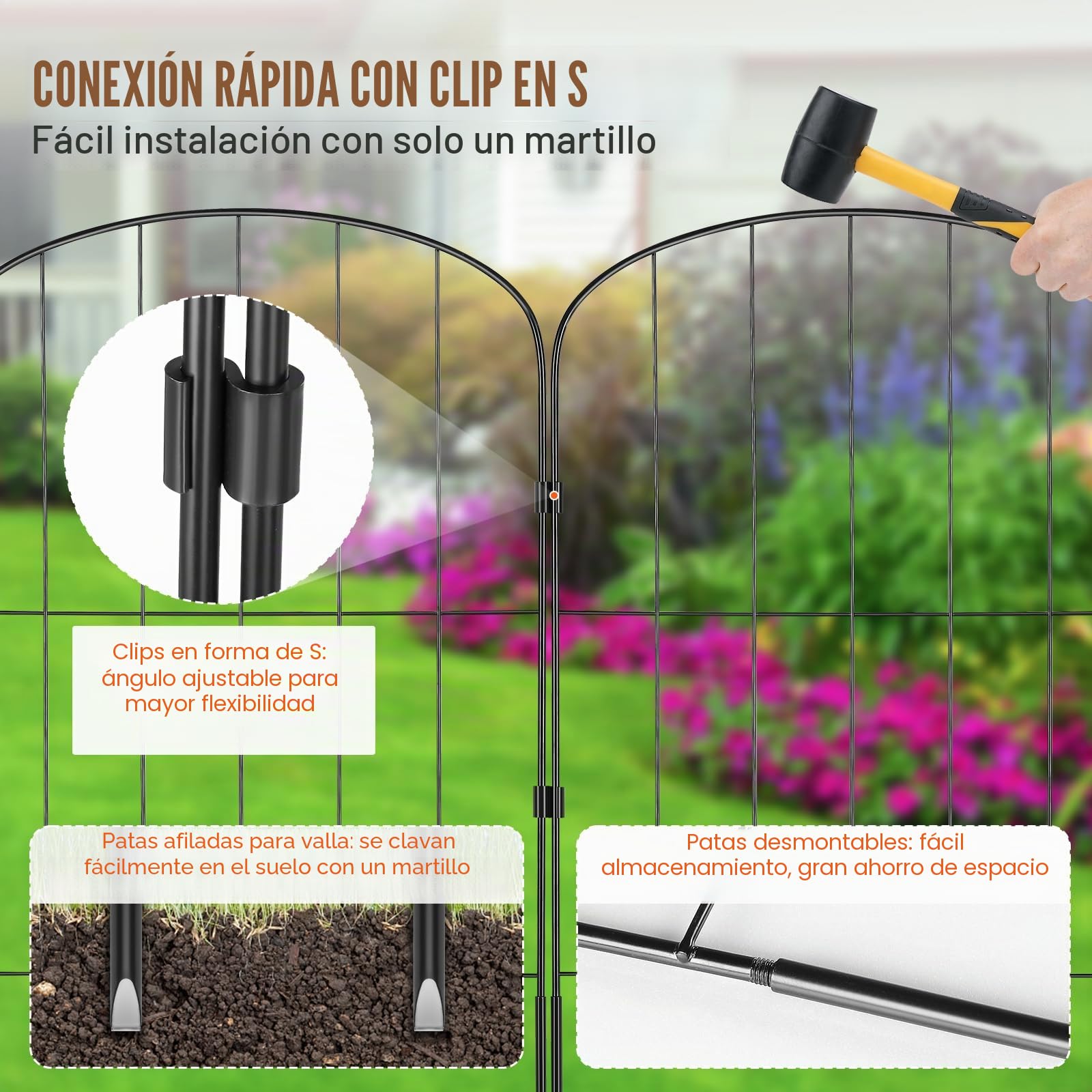 VEVOR Valla Metálica de Jardín 61x33 cm Valla de Metal Exterior 28 Vallas sin Excavación de Acero al Carbono 56 Clips Valla Decorativa para Jardín Espaciado de Picos 5,08 cm para Animales Patio, Negro
