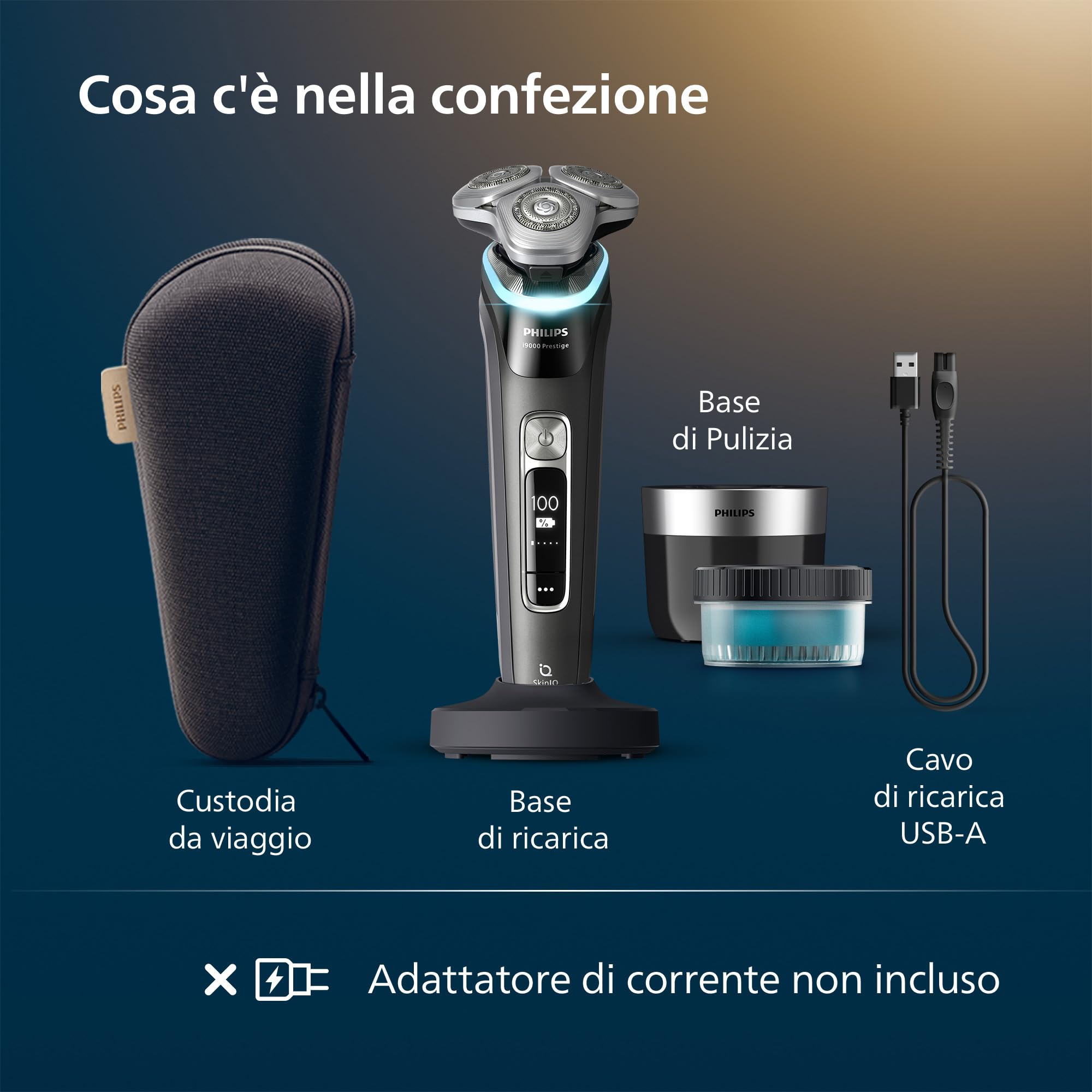 Philips Shaver i9000 Prestige, rasoio elettrico Wet & Dry, tecnologia Skin IQ, triplo sistema Lift & Cut, doppie lame in acciaio di precisione 360º, pod per pulizia rapida, modello XP9207/30