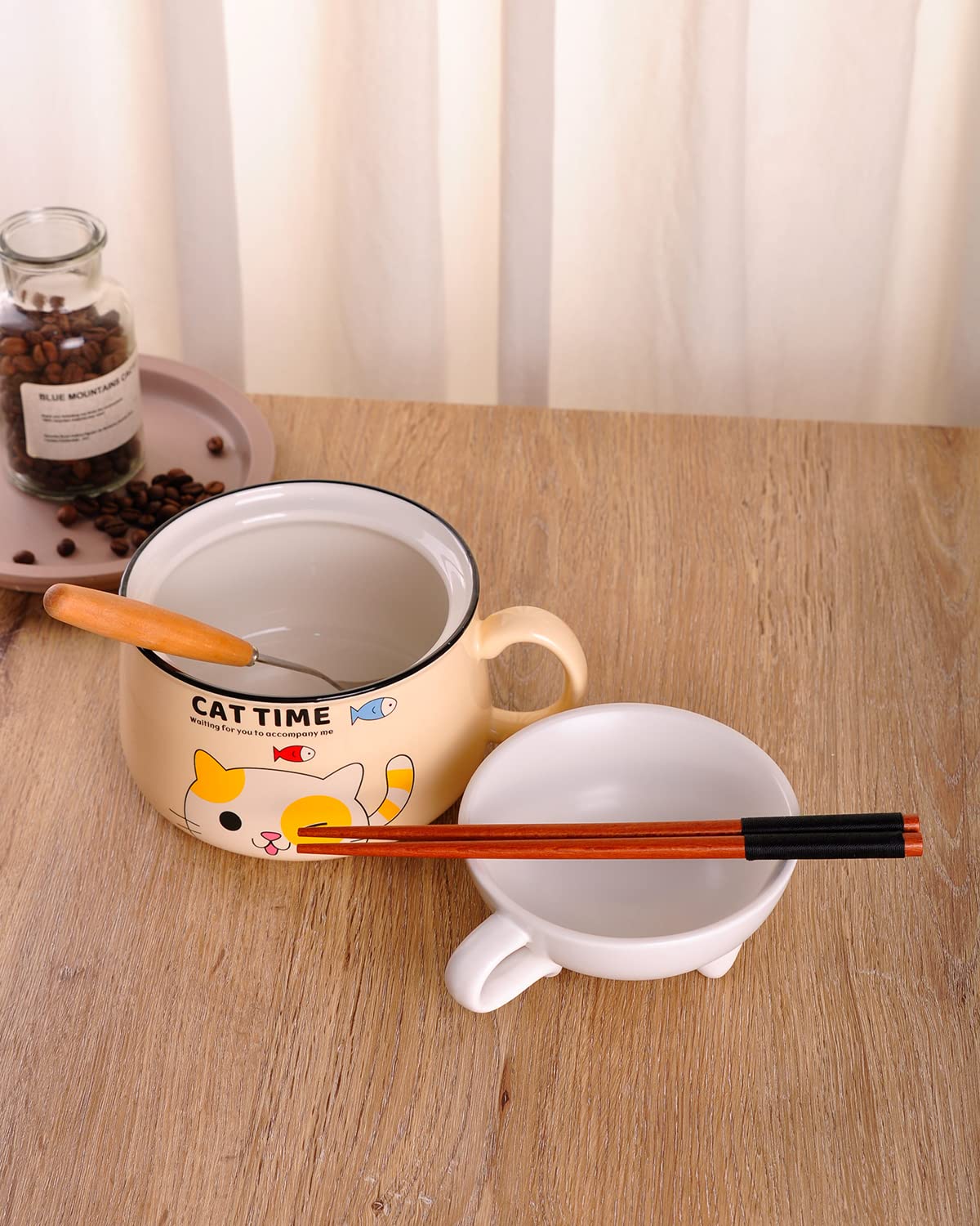WHJY Lindo juego de cuencos para ramen, cuenco para ramen con tapa, cocina de ramen para microondas para tazas de sopa instantáneas de fideos ramen con tapa, 35 onzas, amarillo