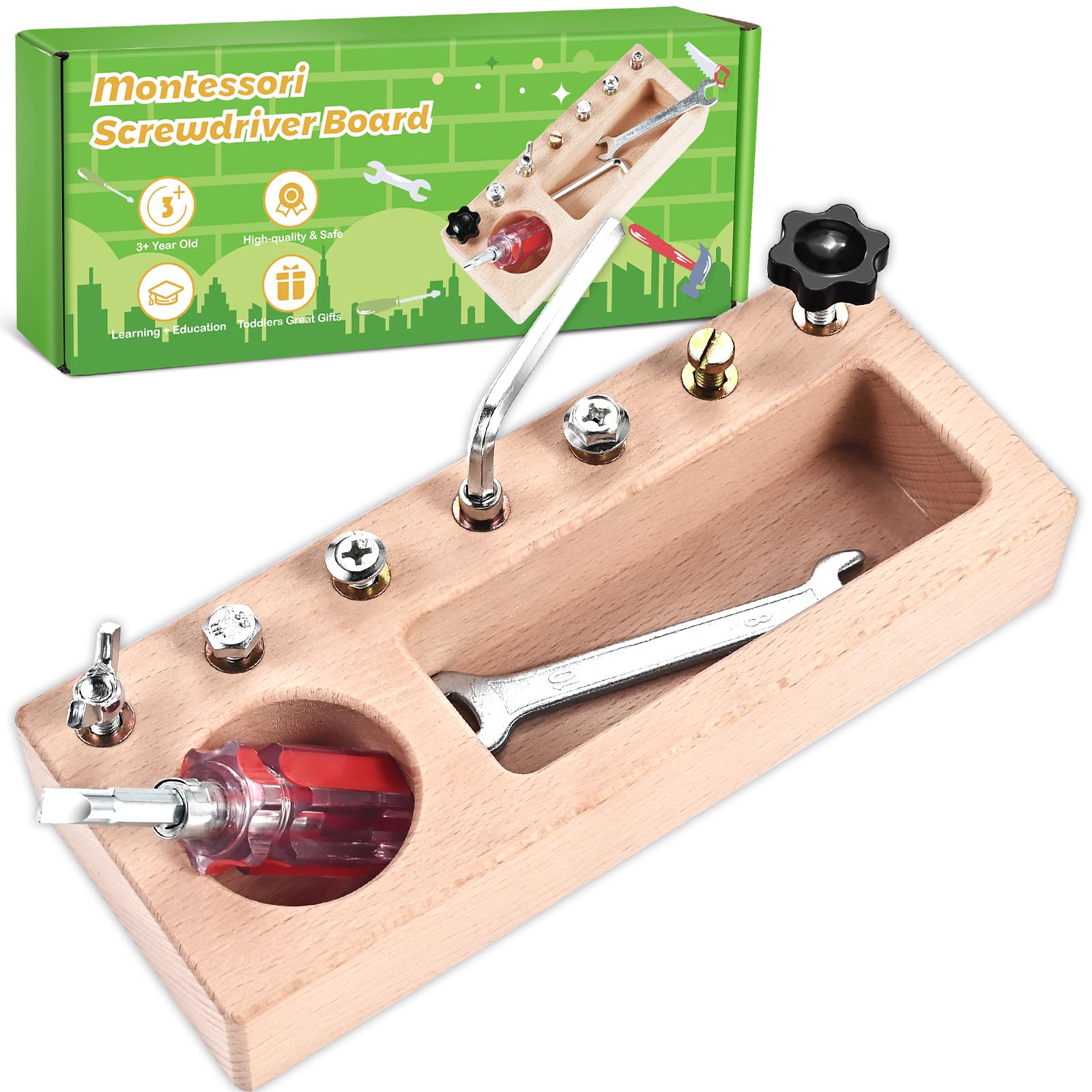 Wooderma Montessori Screwdriver Board Set, Wooden Montessori Toys for 3 4 5 Year Old, Toddler Screwdriver Toy, Kids Tool Set, Preschool Learning Sensory Toy, Fine Motor Skills Toys
