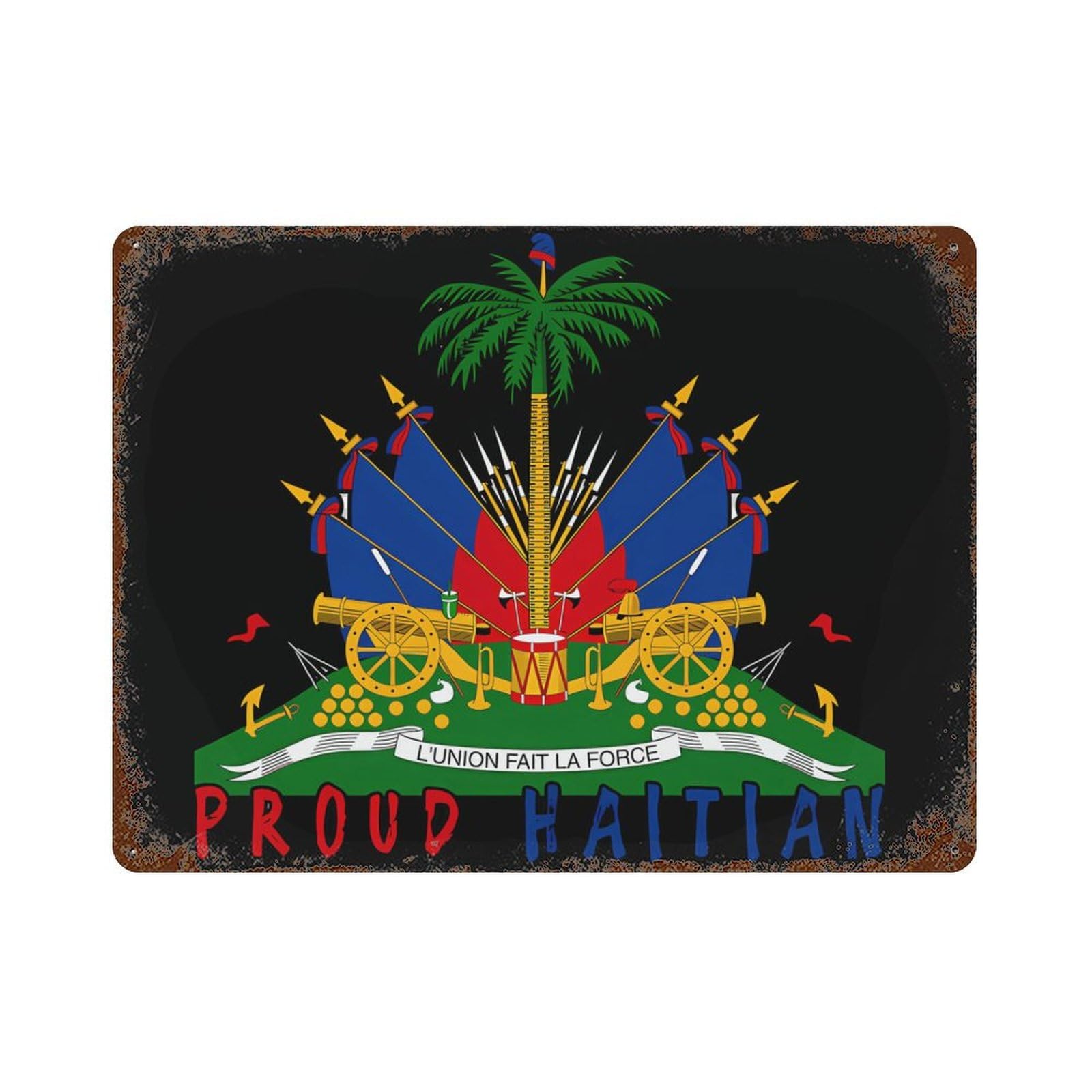 KWQDOZF Haitian Haiti Flag Theme Metal Tin Sign,Vintage Iron Hanging Plate Horizontal with Rust Poster Wall Decor 12x16inch