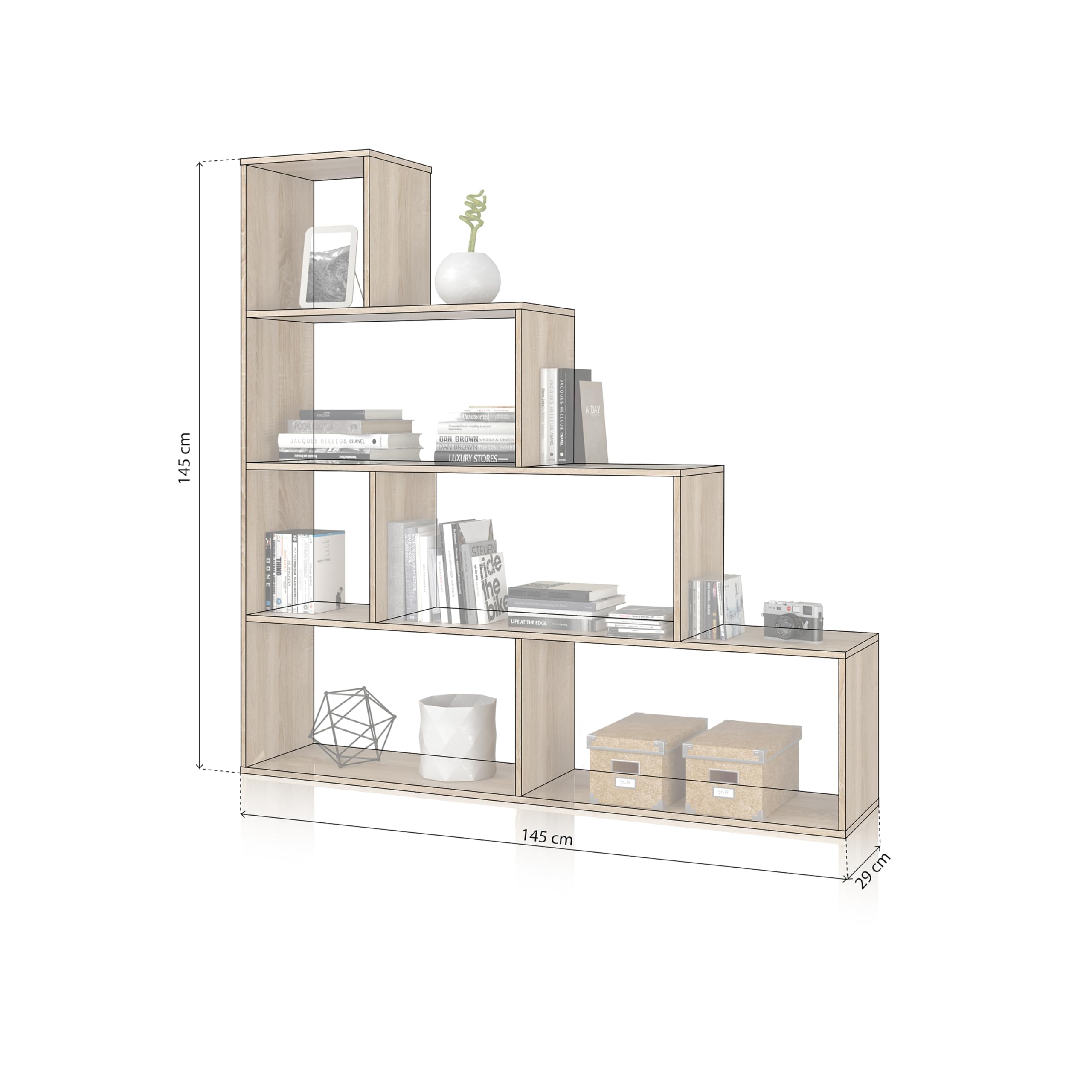 duehome | Estantería Decorativa, Librería Salon, Modelo Alice, Acabado en Roble Canadian, Medidas: 145 cm (Alto) x 145 cm (Ancho) x 29 cm (Fondo)